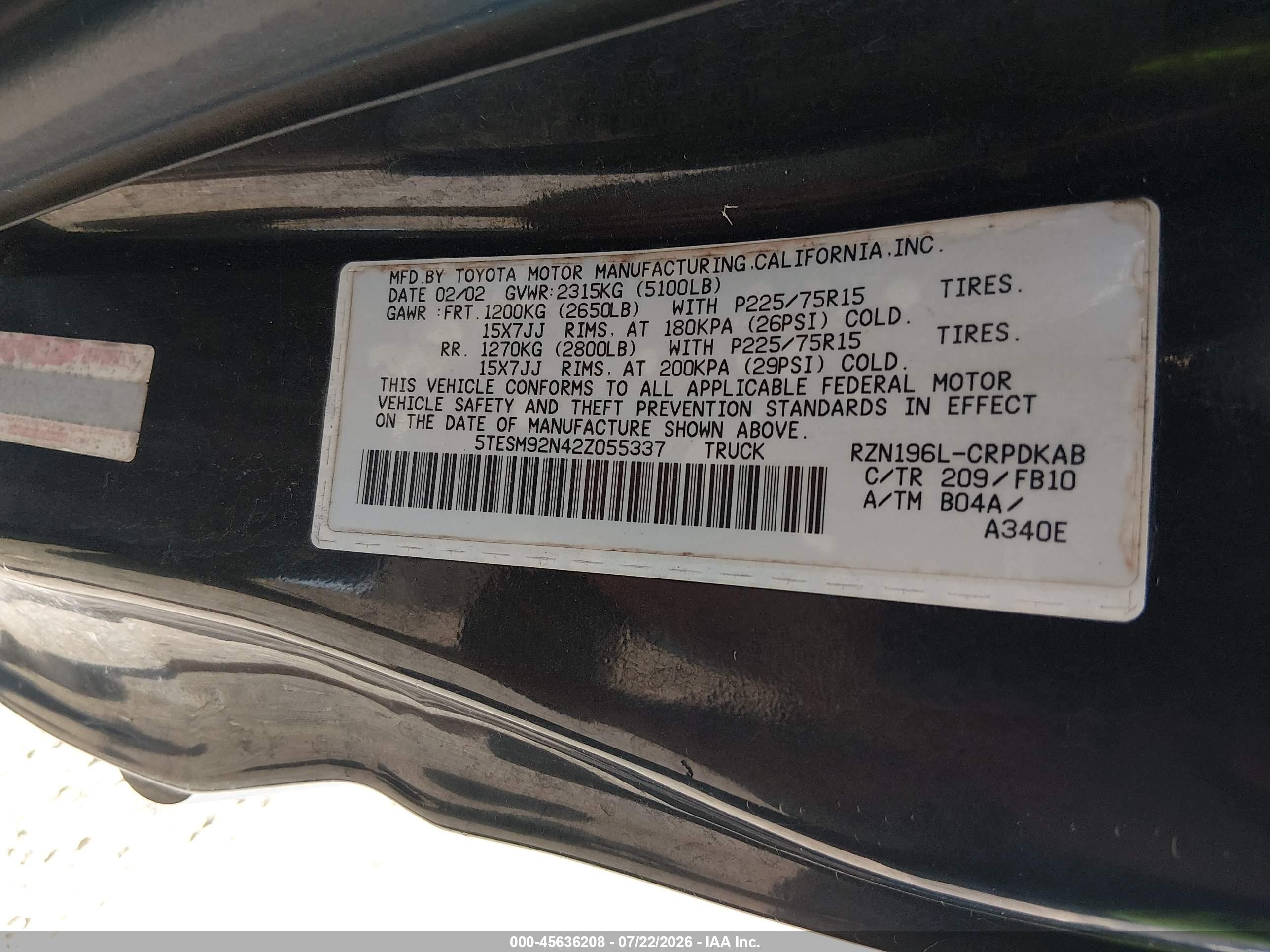 2002 Toyota Tacoma Prerunner Черный vin: 5TESM92N42Z055337