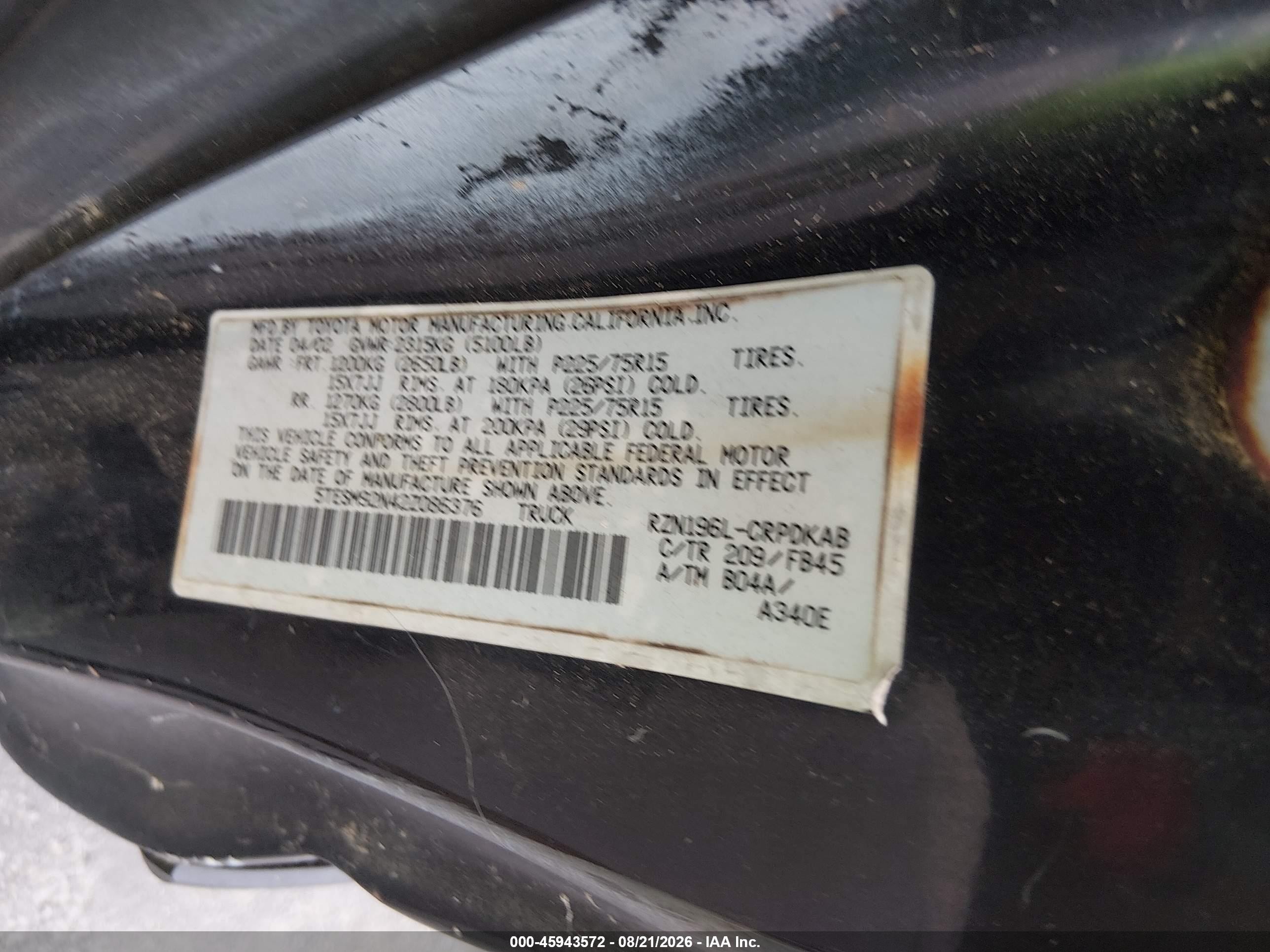 2002 Toyota Tacoma Prerunner Black vin: 5TESM92N42Z086376