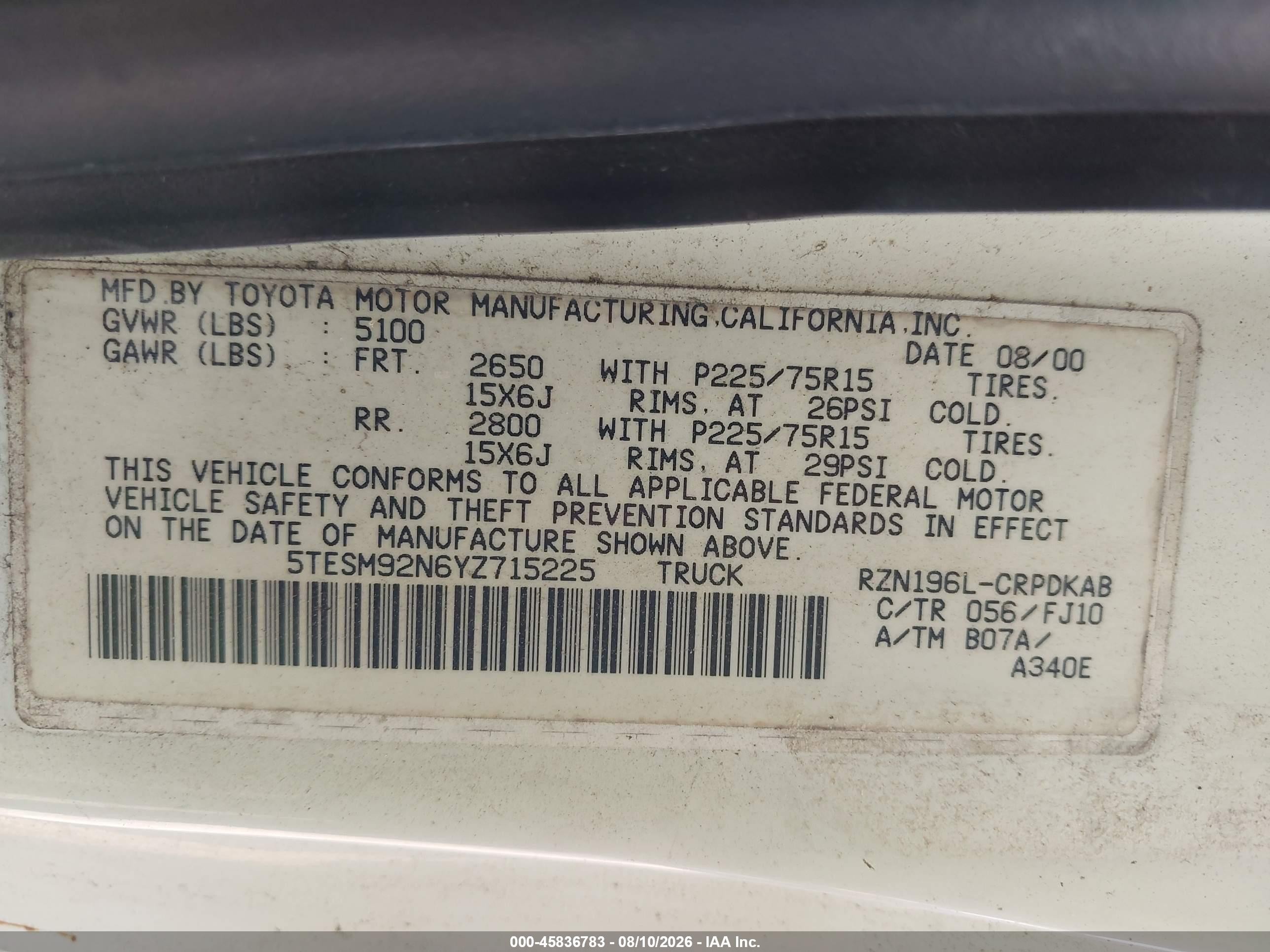 2000 Toyota Tacoma Prerunner White vin: 5TESM92N6YZ715225