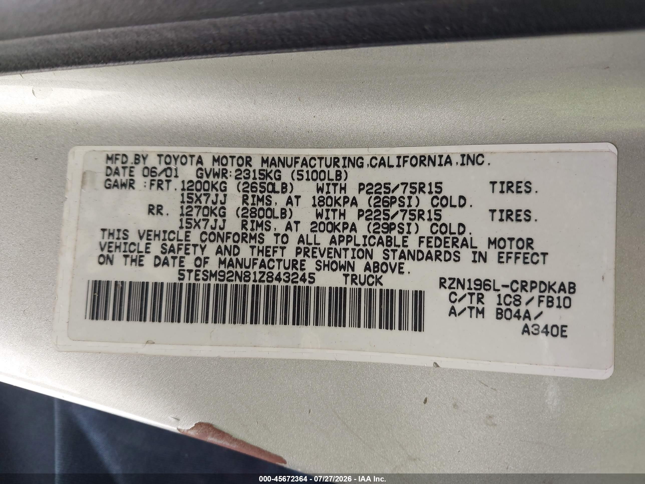 2001 Toyota Tacoma Prerunner Silver vin: 5TESM92N81Z843245