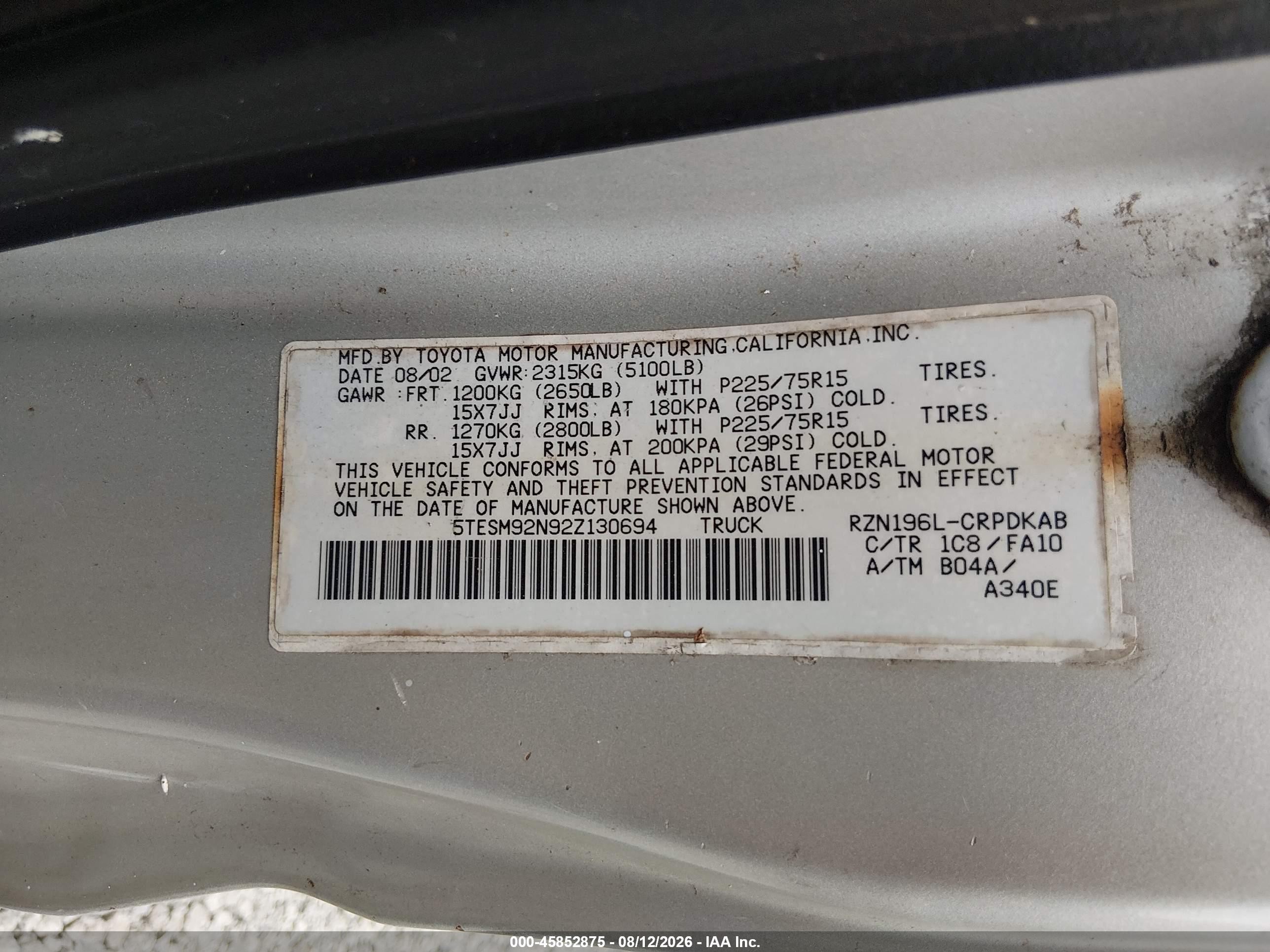 2002 Toyota Tacoma Prerunner Silver vin: 5TESM92N92Z130694