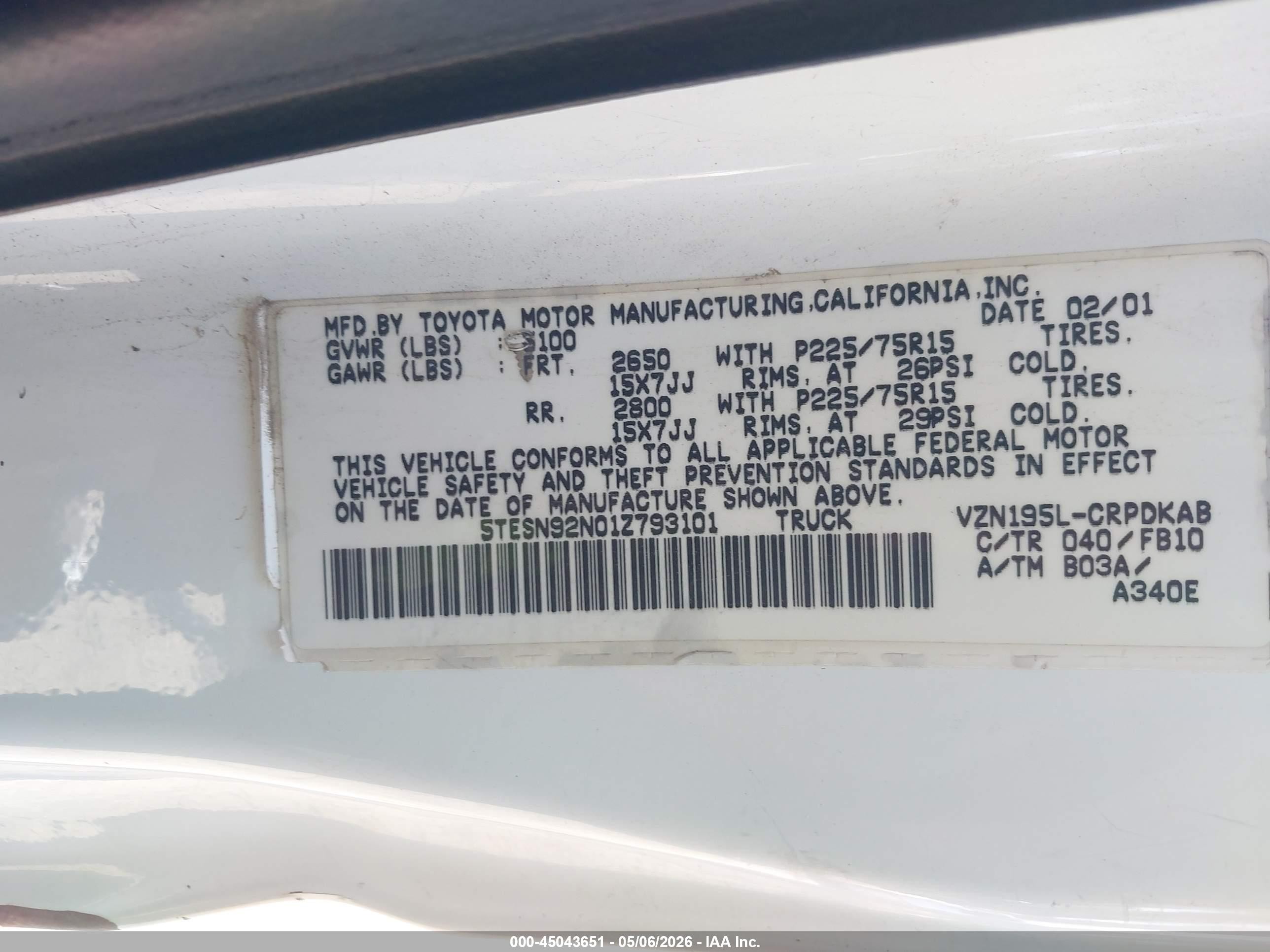 2001 Toyota Tacoma Prerunner V6 Белый vin: 5TESN92N01Z793101
