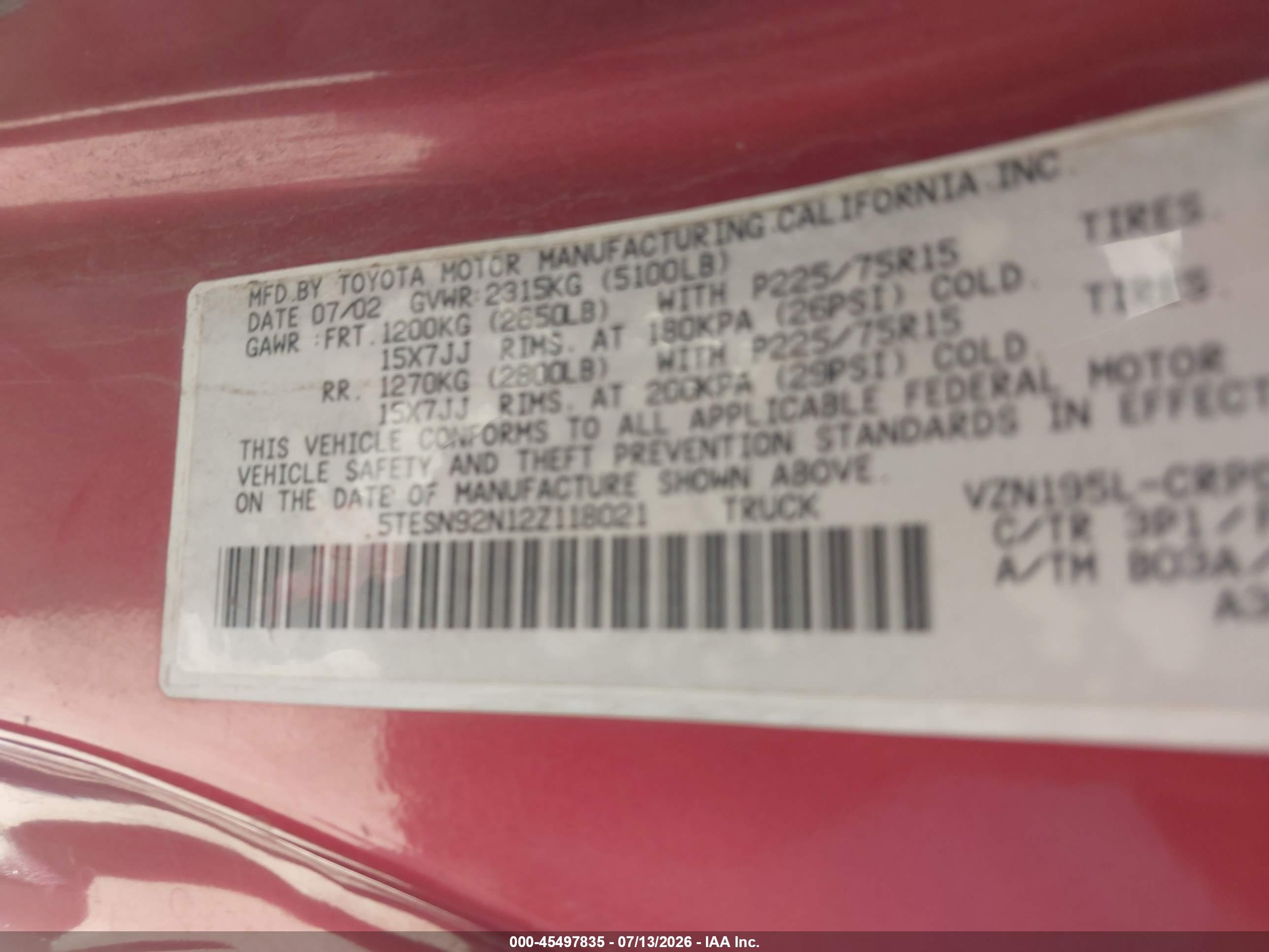 2002 Toyota Tacoma Prerunner V6 Red vin: 5TESN92N12Z118021
