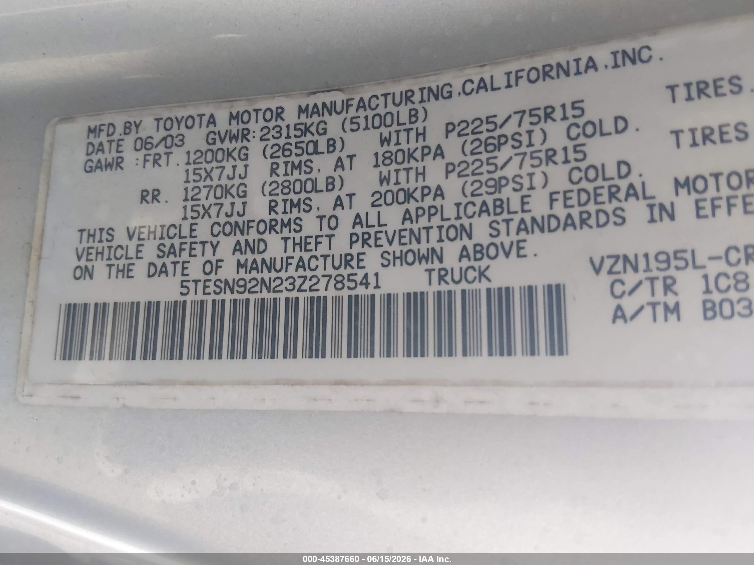 2003 Toyota Tacoma Prerunner V6 Silver vin: 5TESN92N23Z278541
