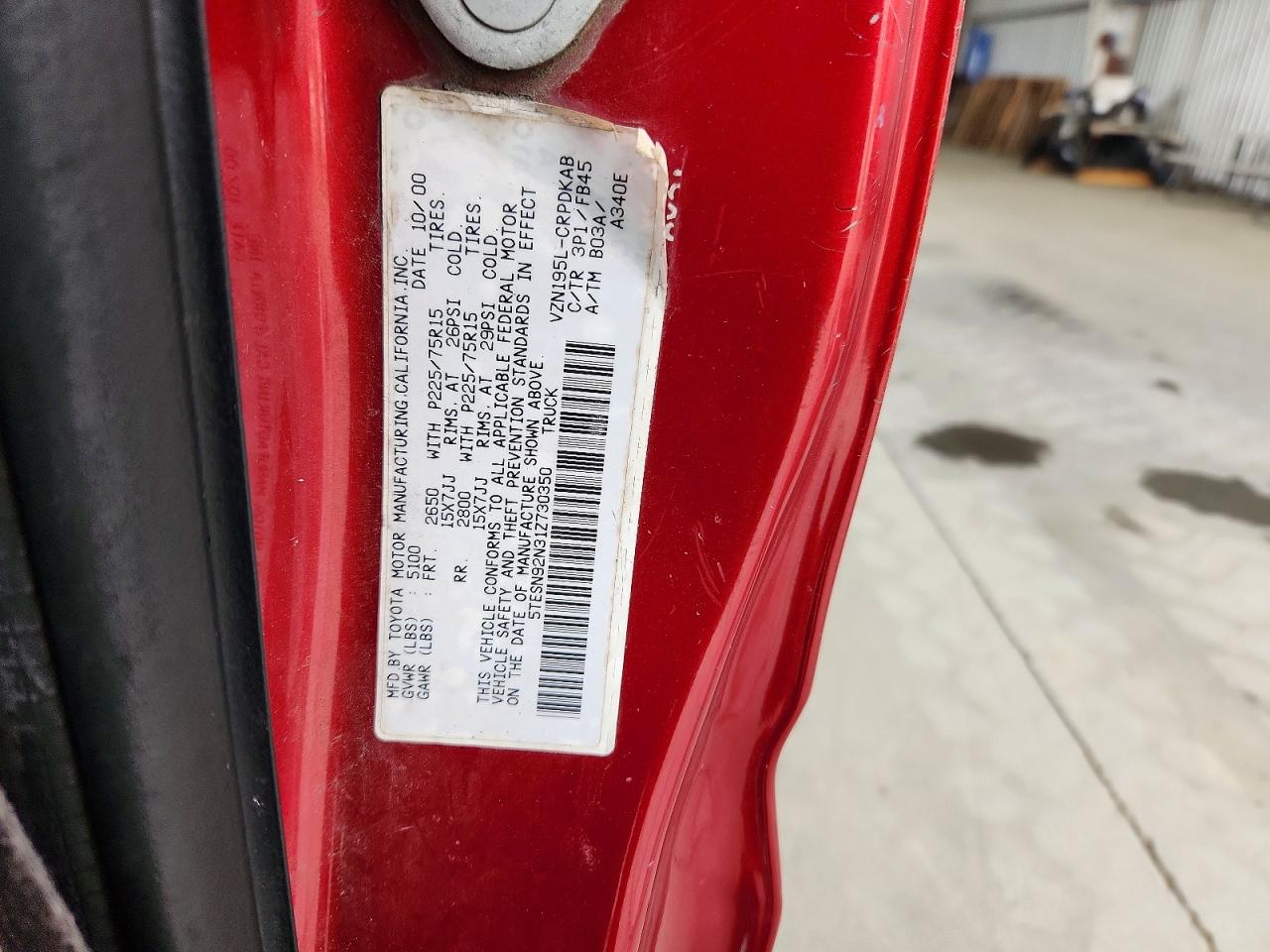 2001 Toyota Tacoma Xtracab Prerunner Красный vin: 5TESN92N31Z730350
