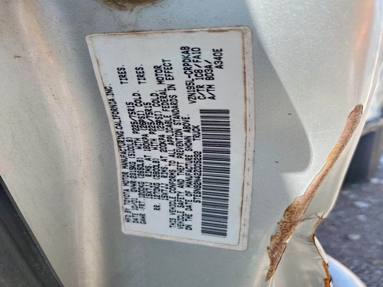2002 Toyota Tacoma Silver vin: 5TESN92N42Z005292