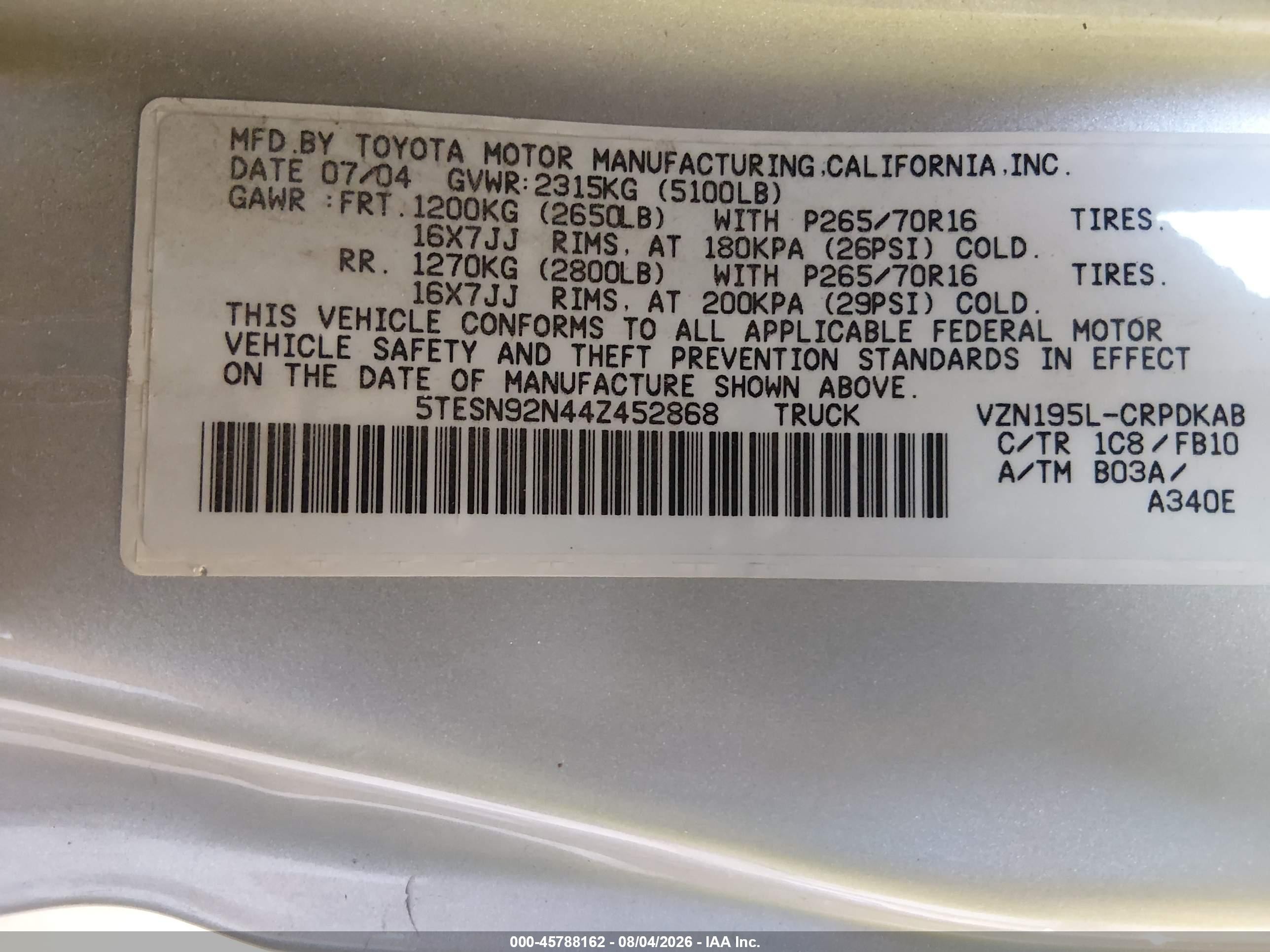 2004 Toyota Tacoma Prerunner V6 Silver vin: 5TESN92N44Z452868