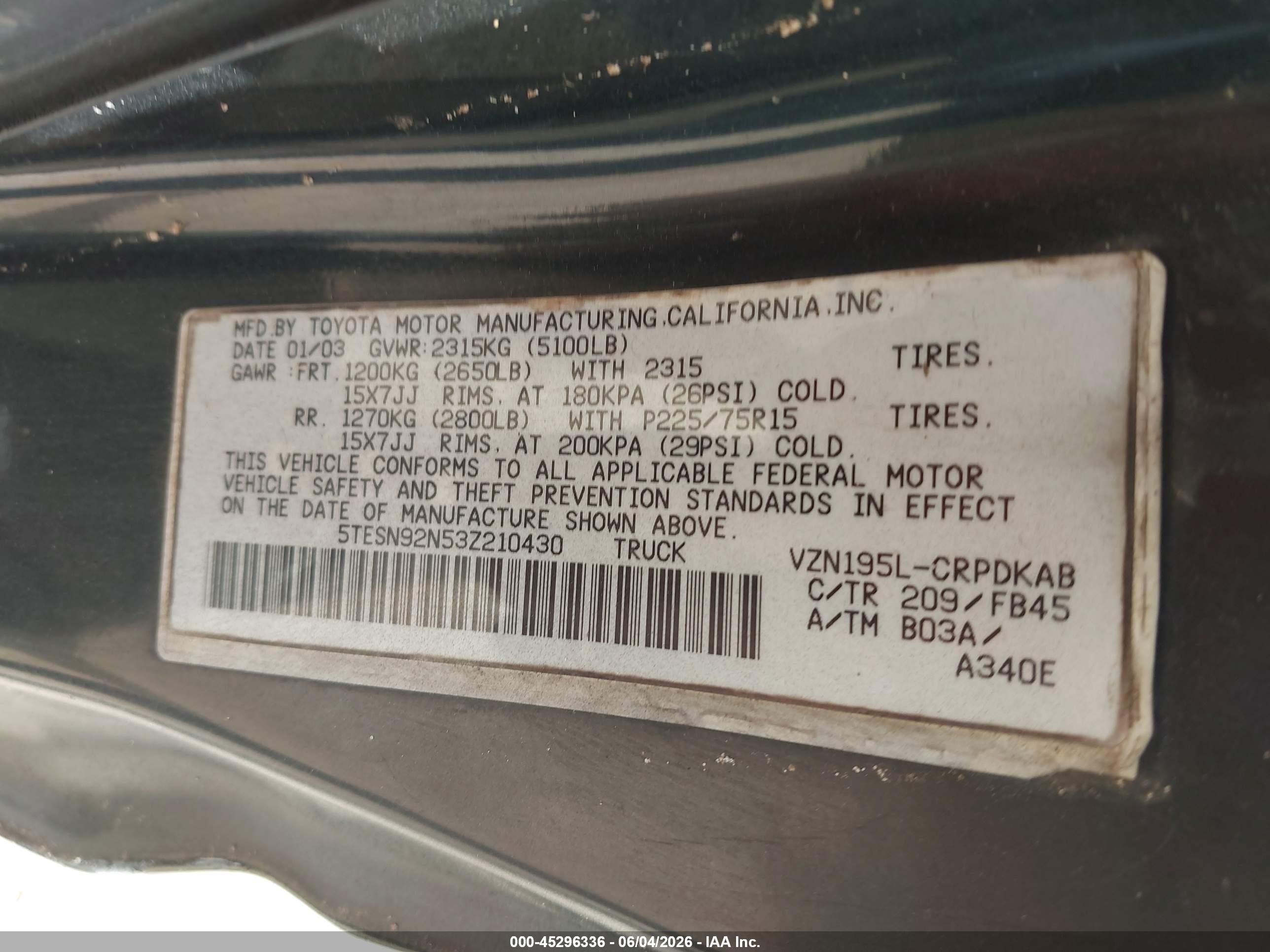 2003 Toyota Tacoma Prerunner V6 Черный vin: 5TESN92N53Z210430
