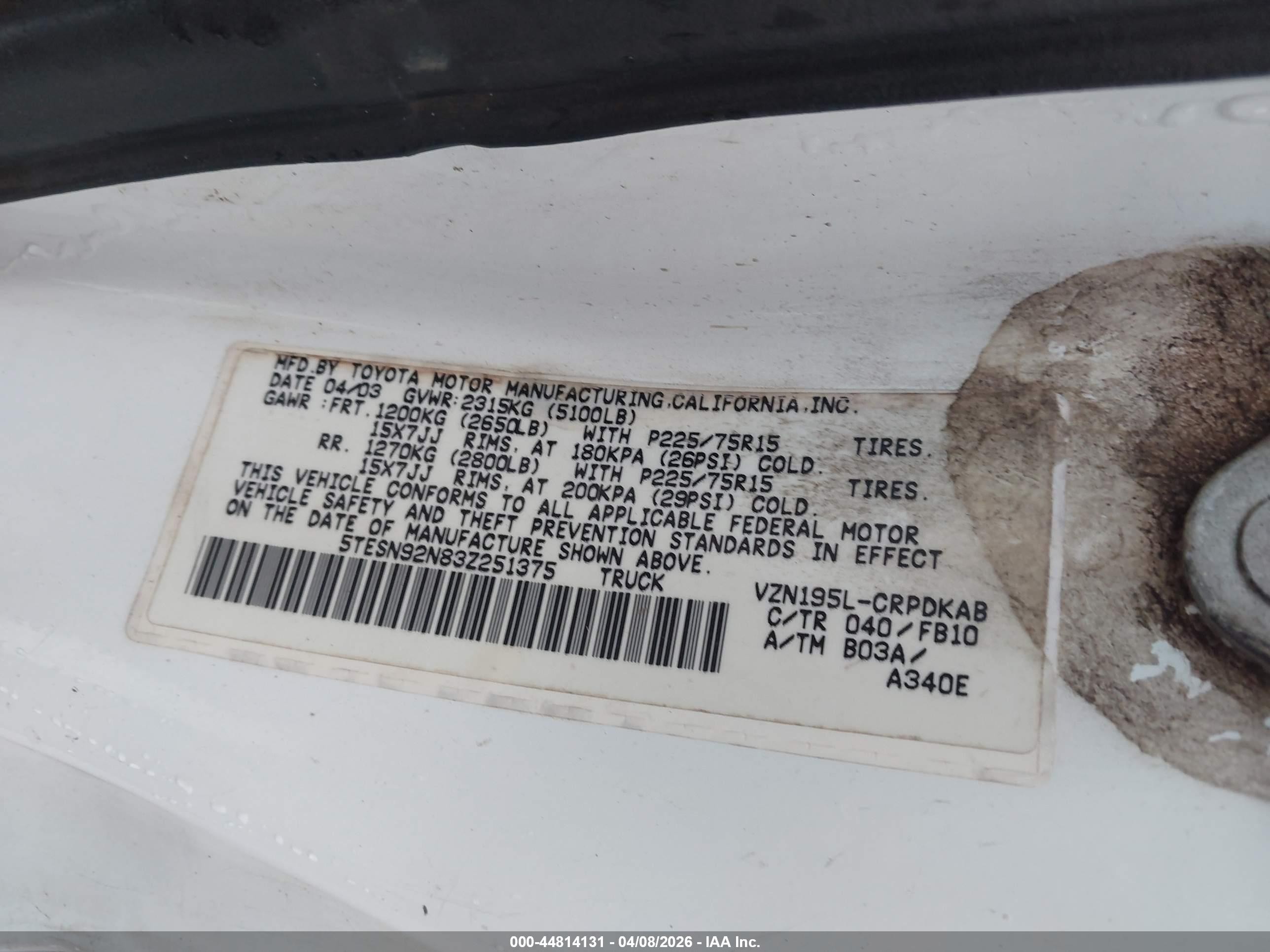 2003 Toyota Tacoma Prerunner V6 White vin: 5TESN92N83Z251375