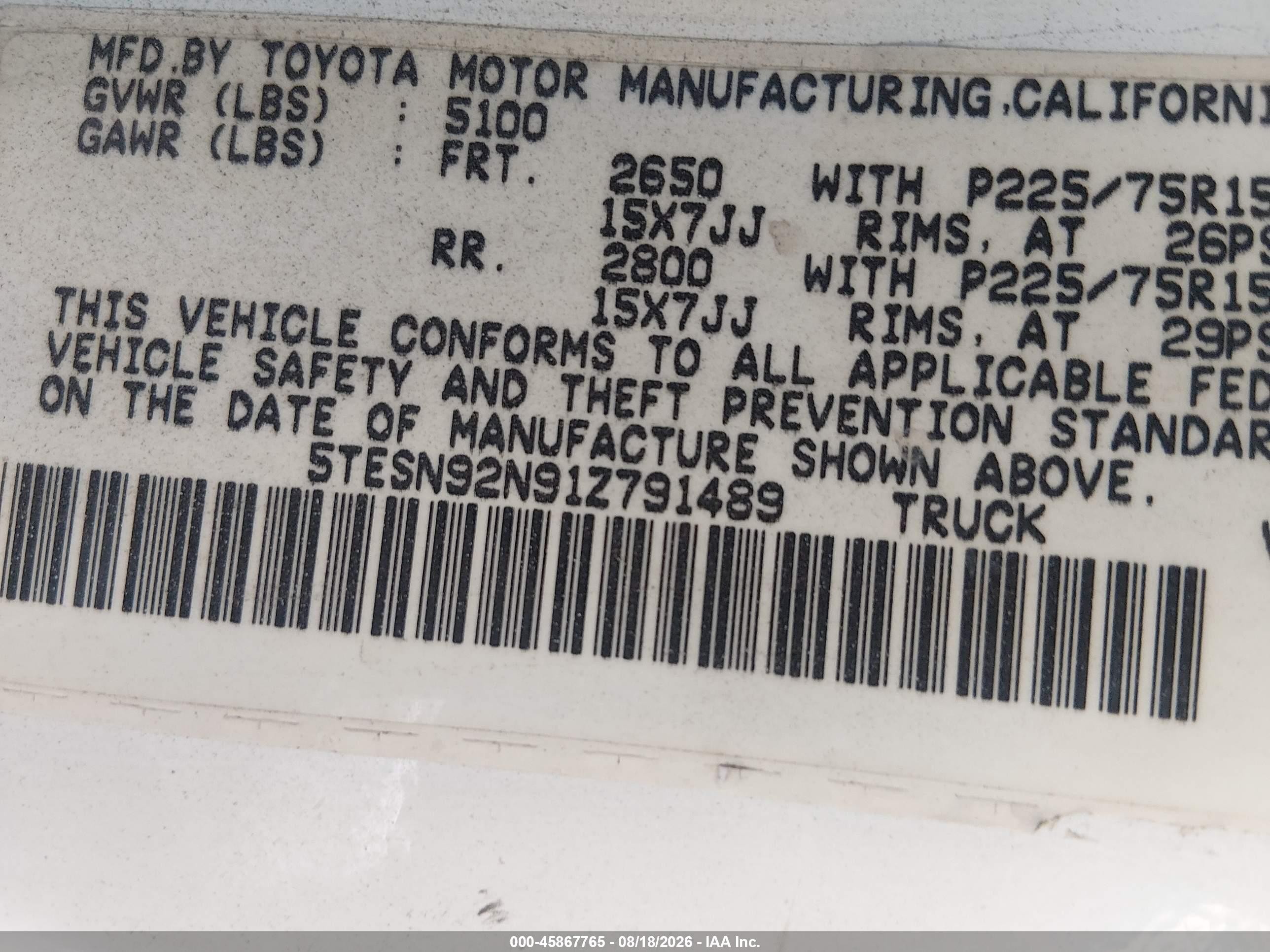 2001 Toyota Tacoma Prerunner V6 White vin: 5TESN92N91Z791489
