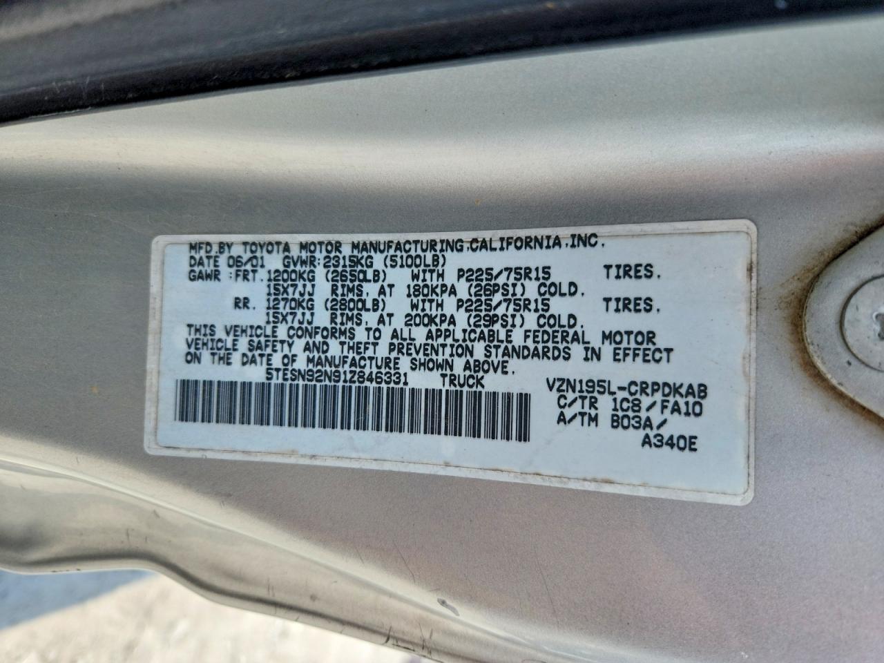 2001 Toyota Tacoma Xtracab Prerunner Silver vin: 5TESN92N91Z846331
