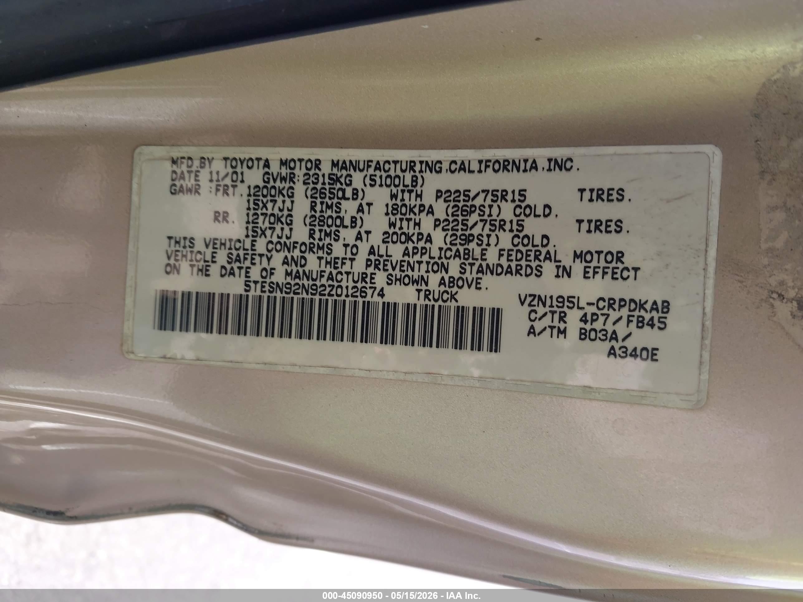 2002 Toyota Tacoma Prerunner V6 Tan vin: 5TESN92N92Z012674