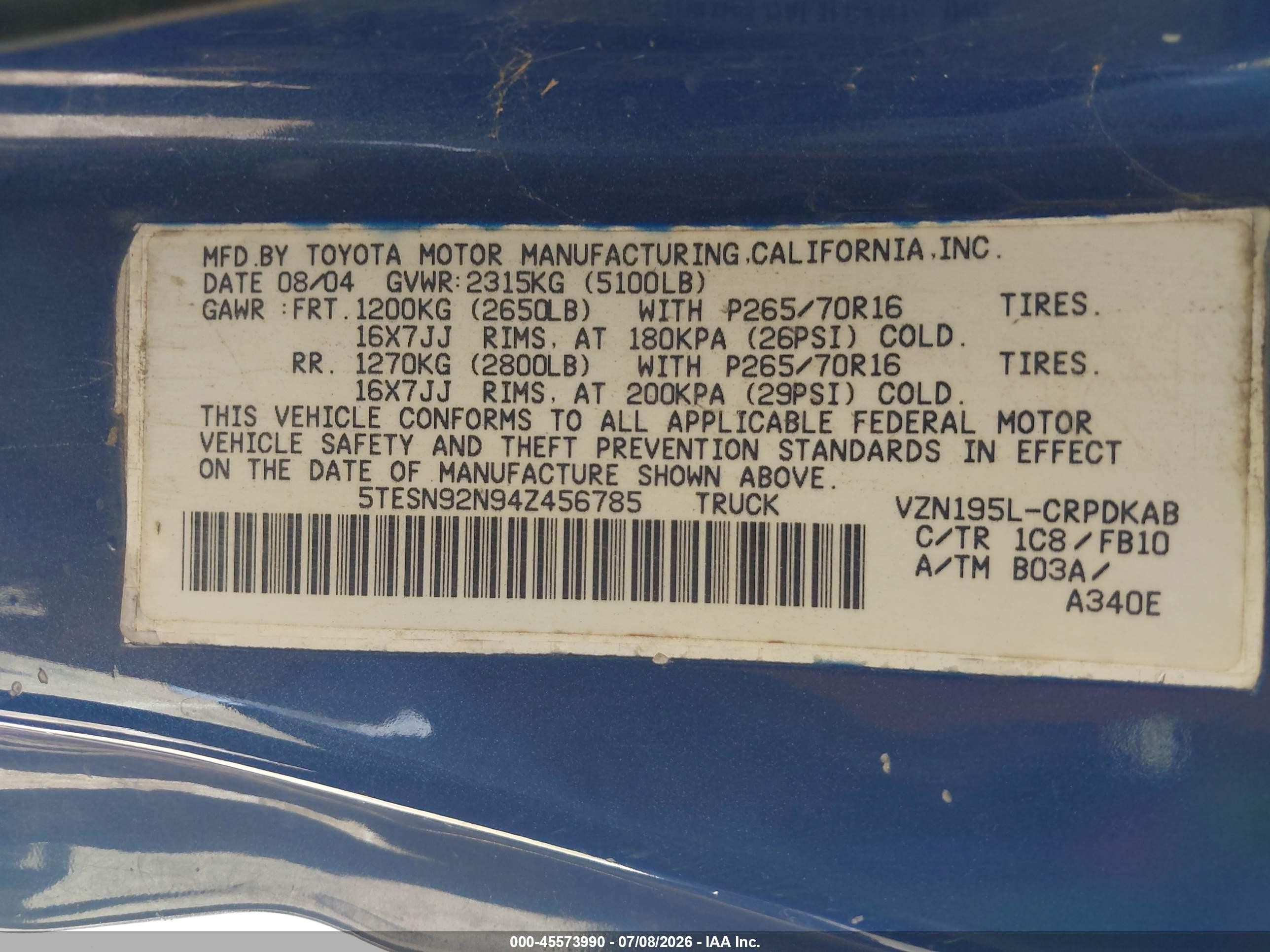 2004 Toyota Tacoma Prerunner V6 Blue vin: 5TESN92N94Z456785