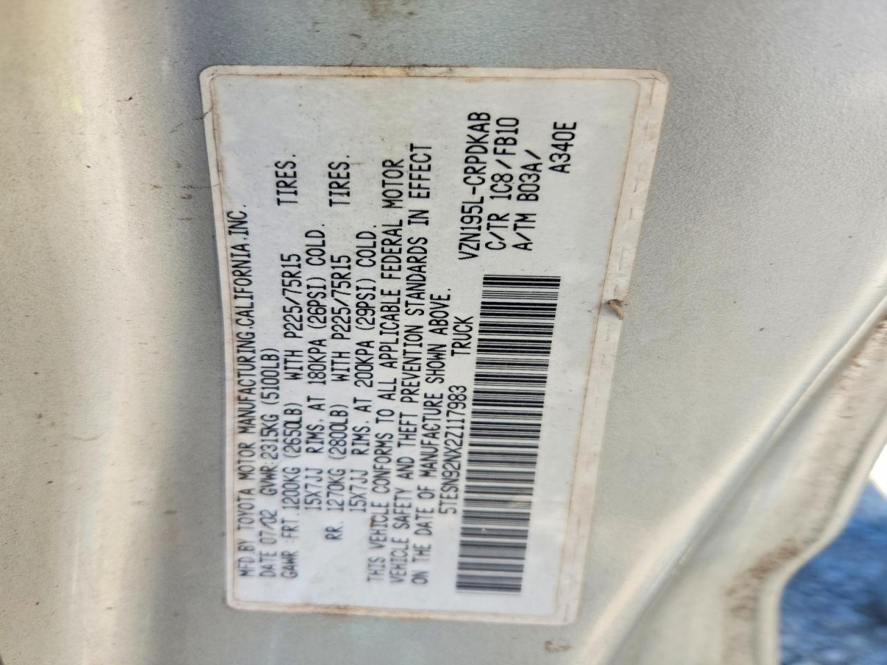 2002 Toyota Tacoma Xtracab Prerunner Silver vin: 5TESN92NX2Z117983