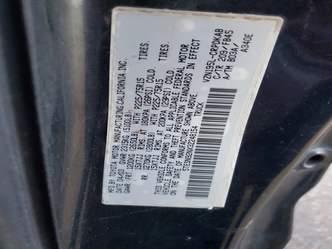 2003 Toyota Tacoma Xtracab Prerunner Black vin: 5TESN92NX3Z248154