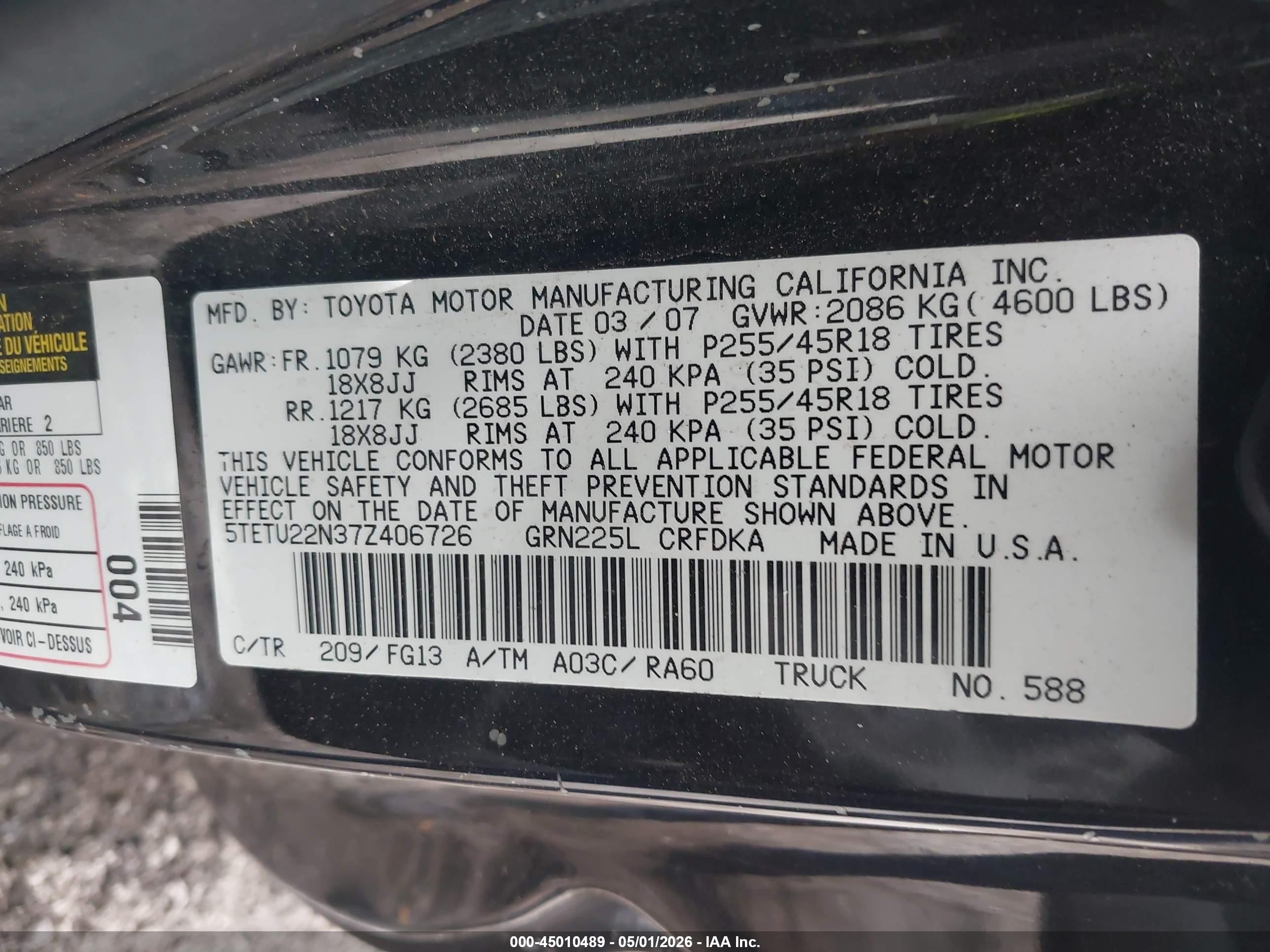 2007 Toyota Tacoma X-runner Black vin: 5TETU22N37Z406726