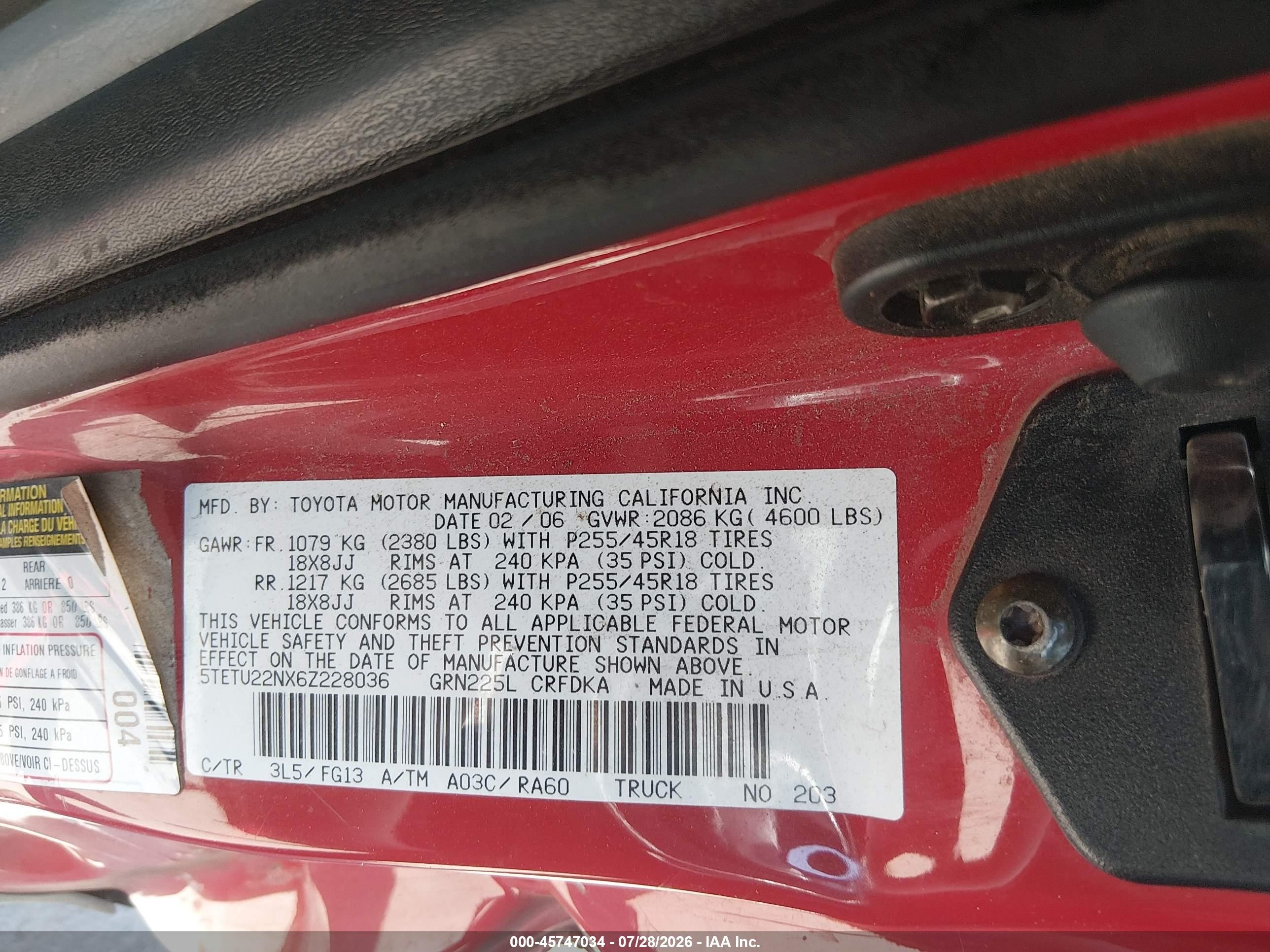 2006 Toyota Tacoma V6 Red vin: 5TETU22NX6Z228036