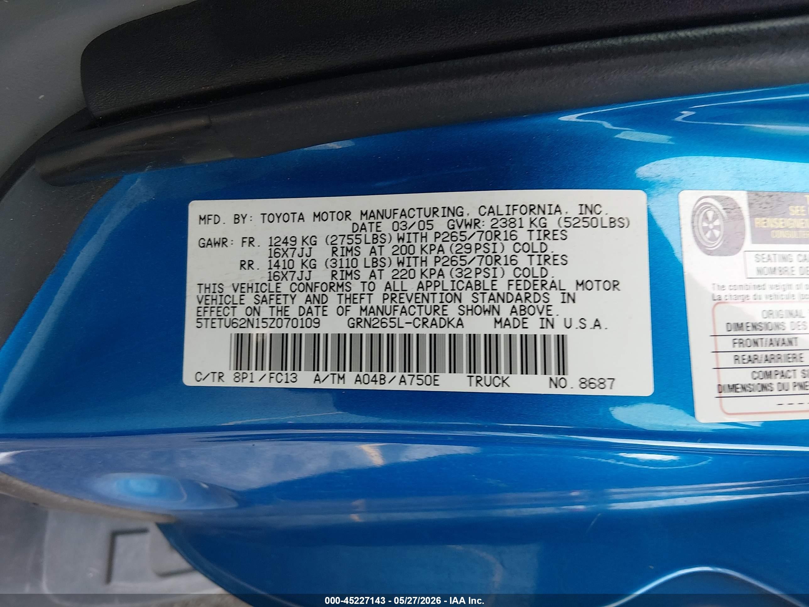 2005 Toyota Tacoma Prerunner Access Cab Blue vin: 5TETU62N15Z070109