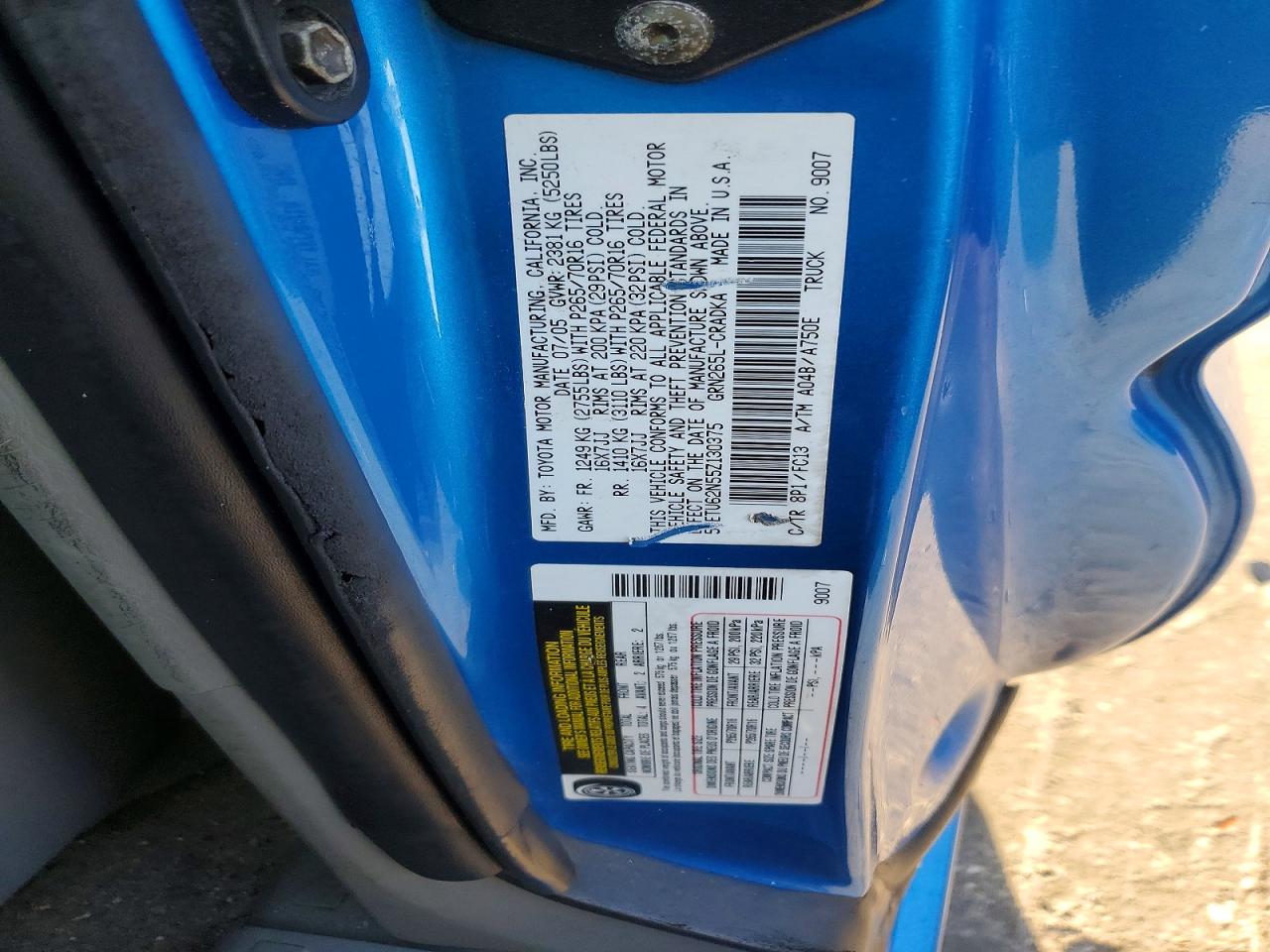 2005 Toyota Tacoma Prerunner Access Cab Blue vin: 5TETU62N55Z130375