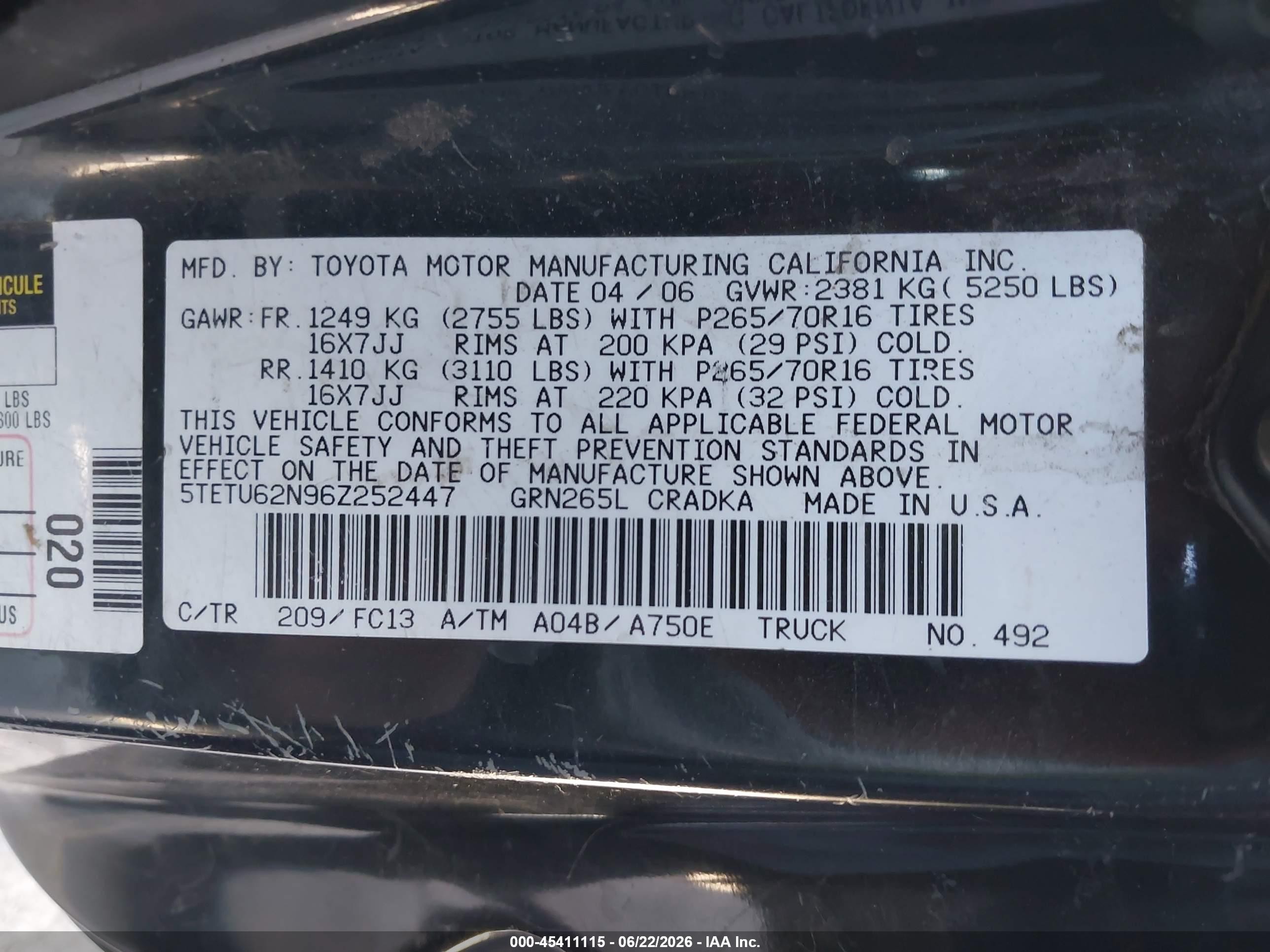 2006 Toyota Tacoma Prerunner V6 Black vin: 5TETU62N96Z252447