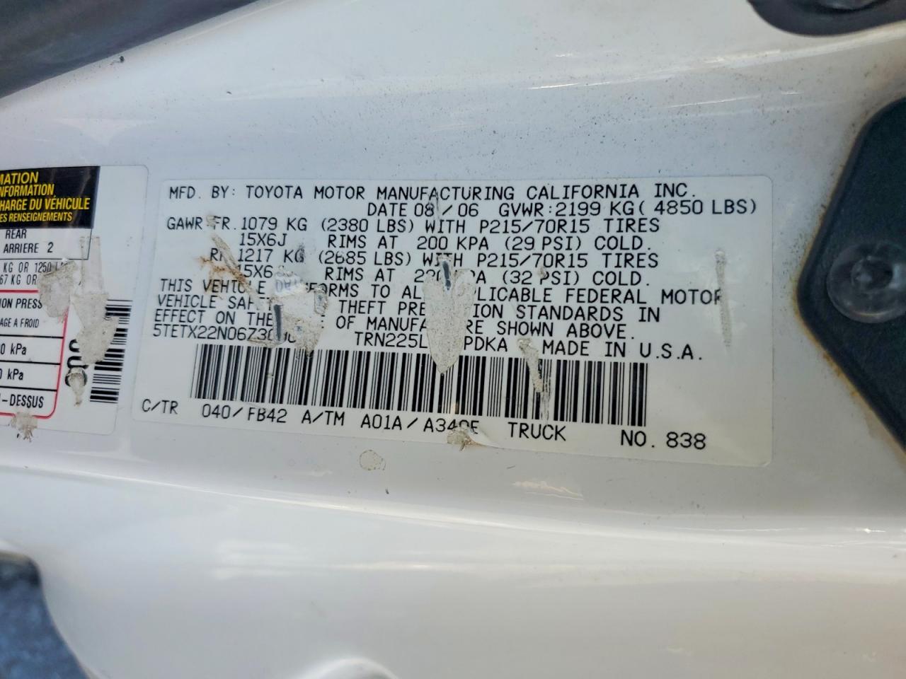 2006 Toyota Tacoma Access Cab White vin: 5TETX22N06Z309098