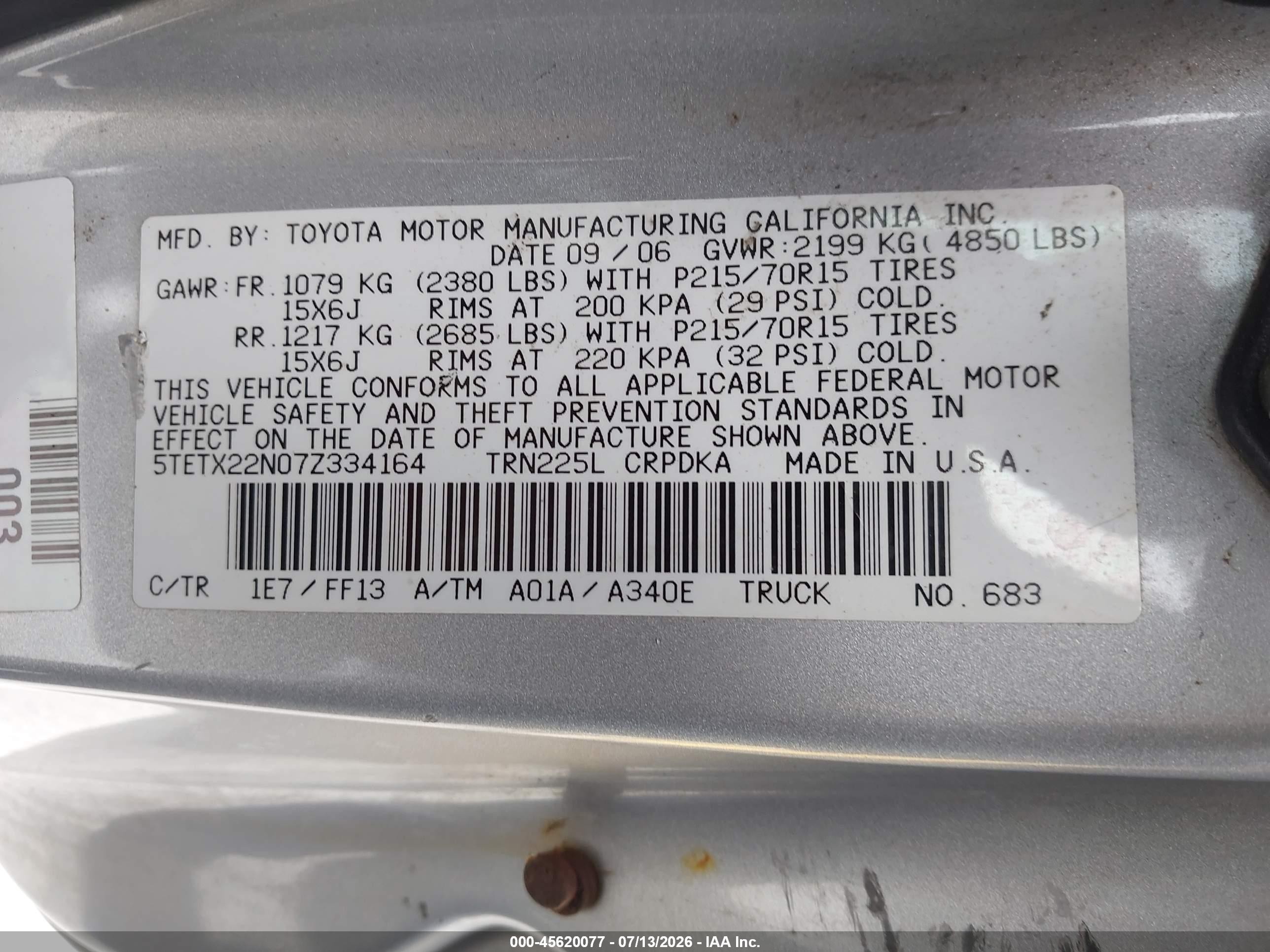 2007 Toyota Tacoma   Silver vin: 5TETX22N07Z334164