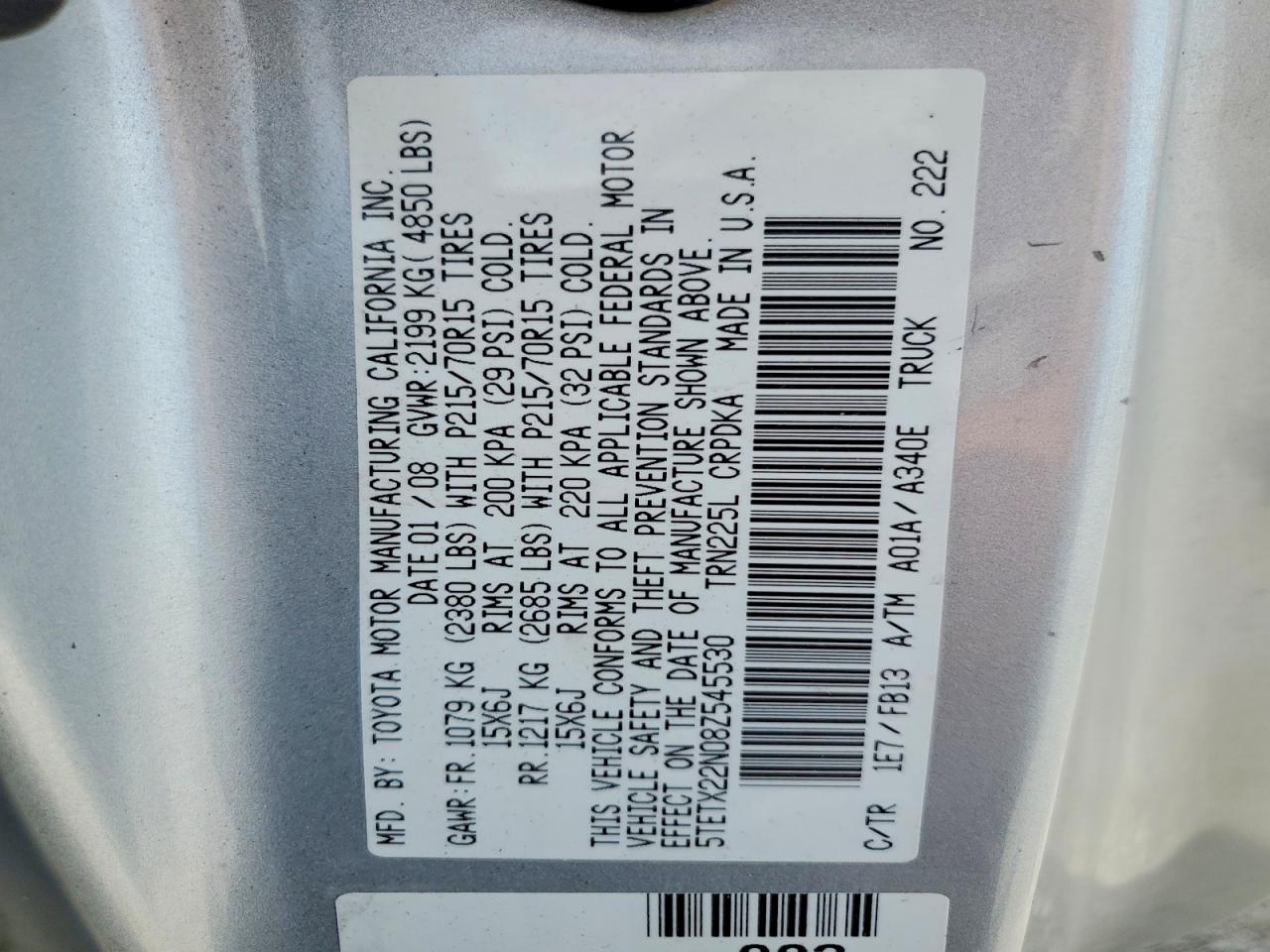 2008 Toyota Tacoma Access Cab Silver vin: 5TETX22N08Z545530
