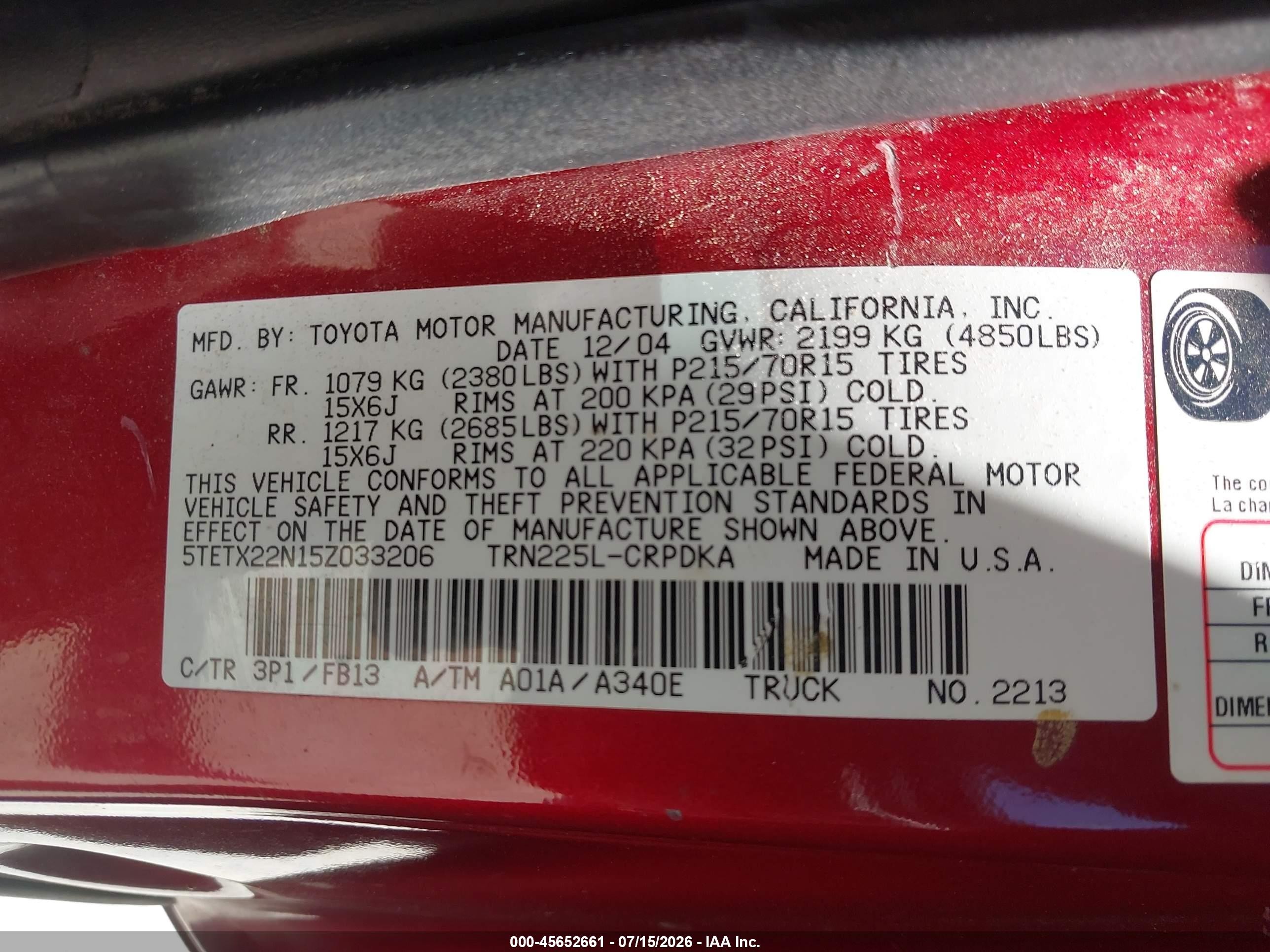 2005 Toyota Tacoma   Red vin: 5TETX22N15Z033206