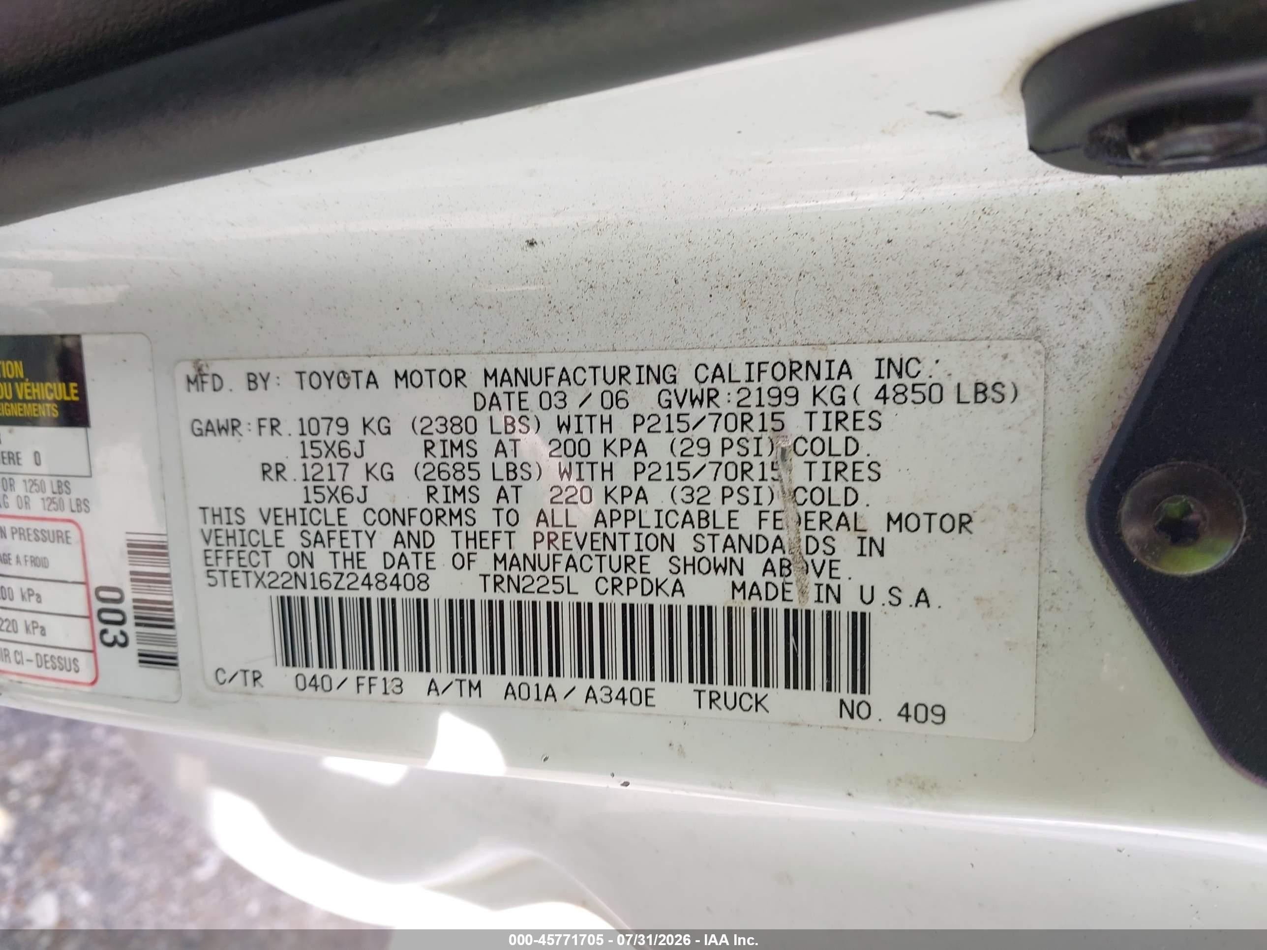 2006 Toyota Tacoma   White vin: 5TETX22N16Z248408