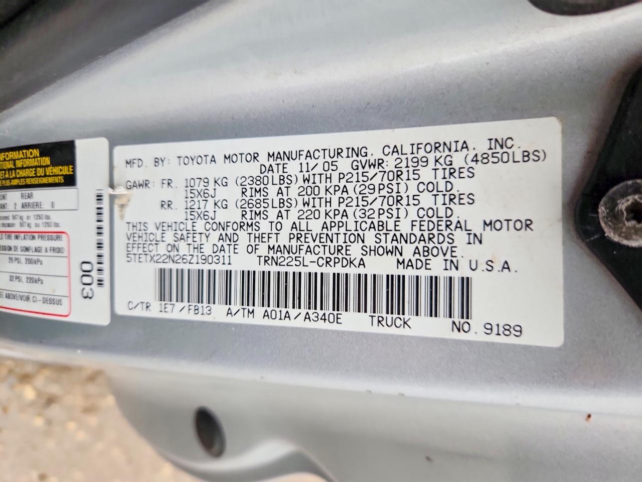 2006 Toyota Tacoma Access Cab Silver vin: 5TETX22N26Z190311
