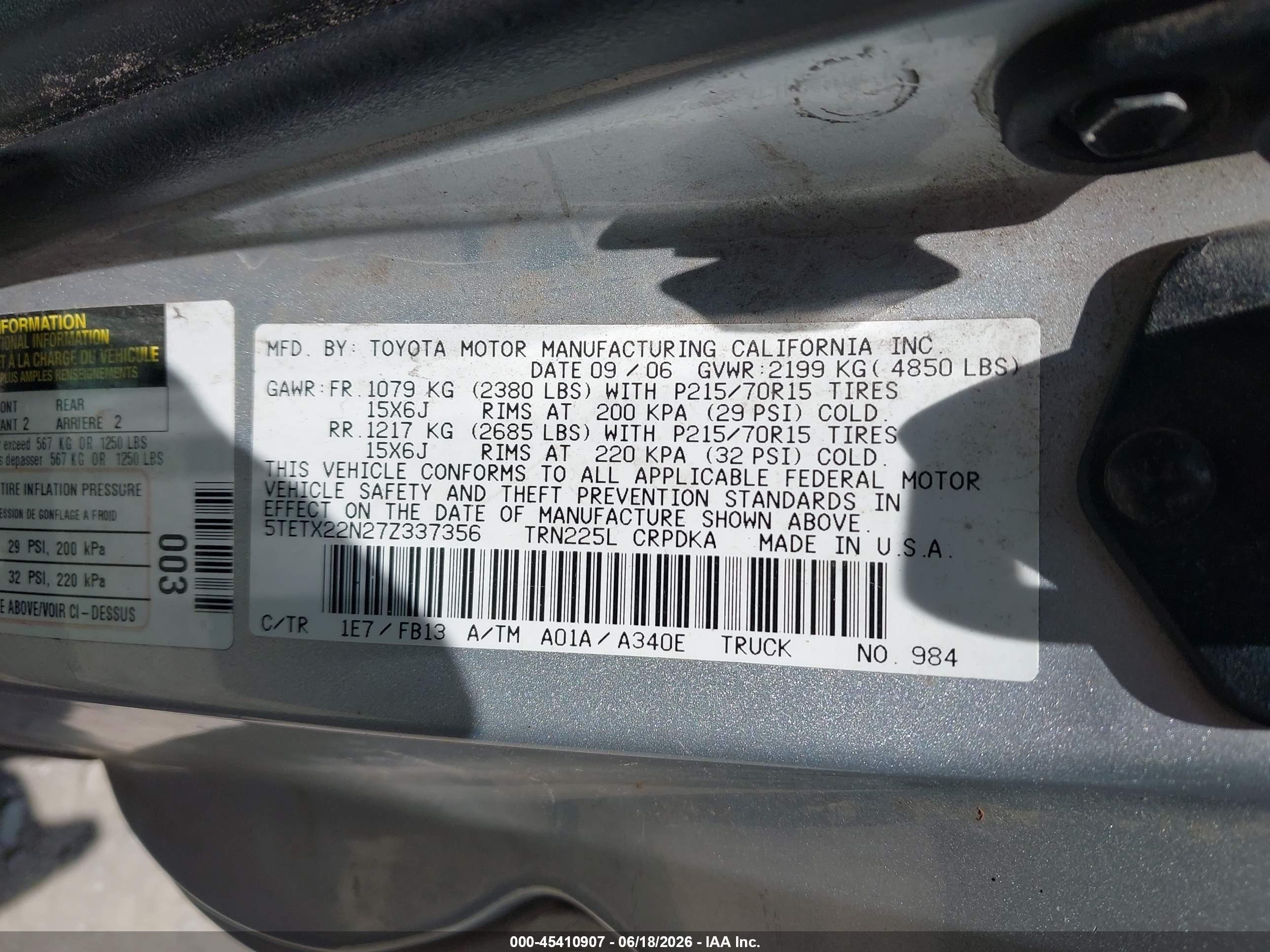 2007 Toyota Tacoma   Silver vin: 5TETX22N27Z337356