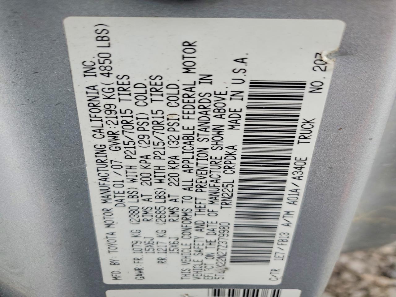 2007 Toyota Tacoma Access Cab Silver vin: 5TETX22N27Z379980