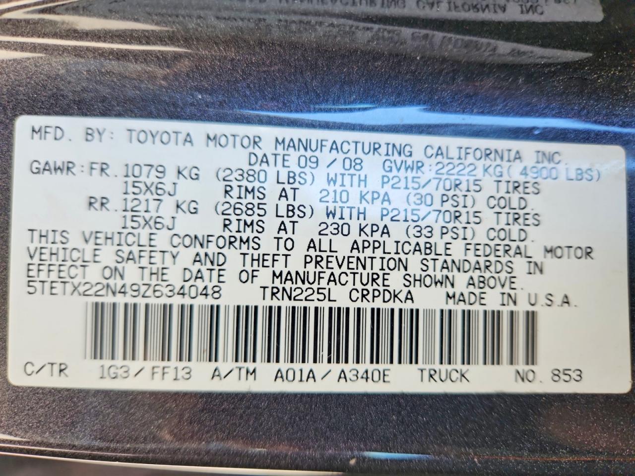 2009 Toyota Tacoma Access Cab Black vin: 5TETX22N49Z634048