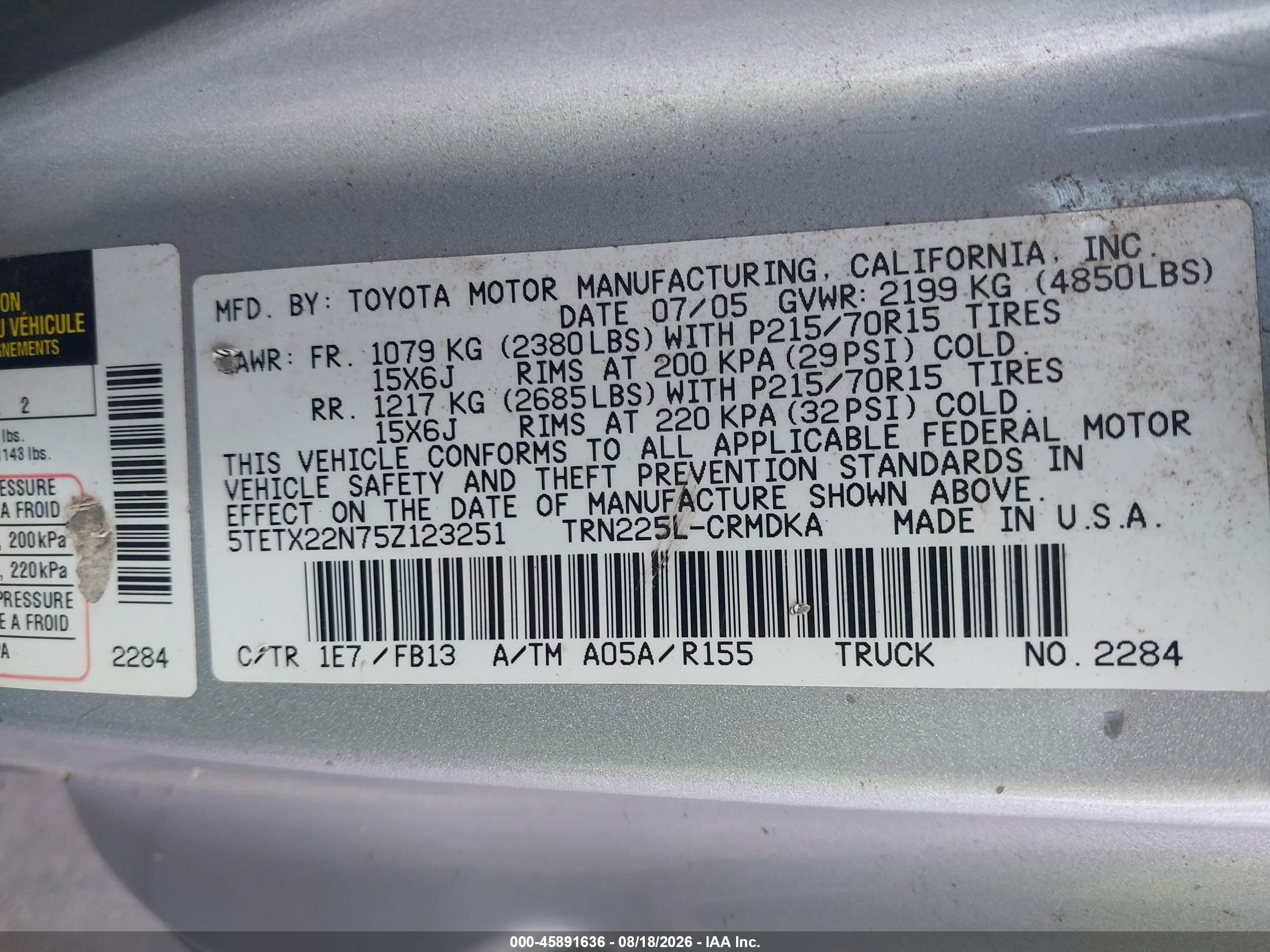 2005 Toyota Tacoma   Silver vin: 5TETX22N75Z123251