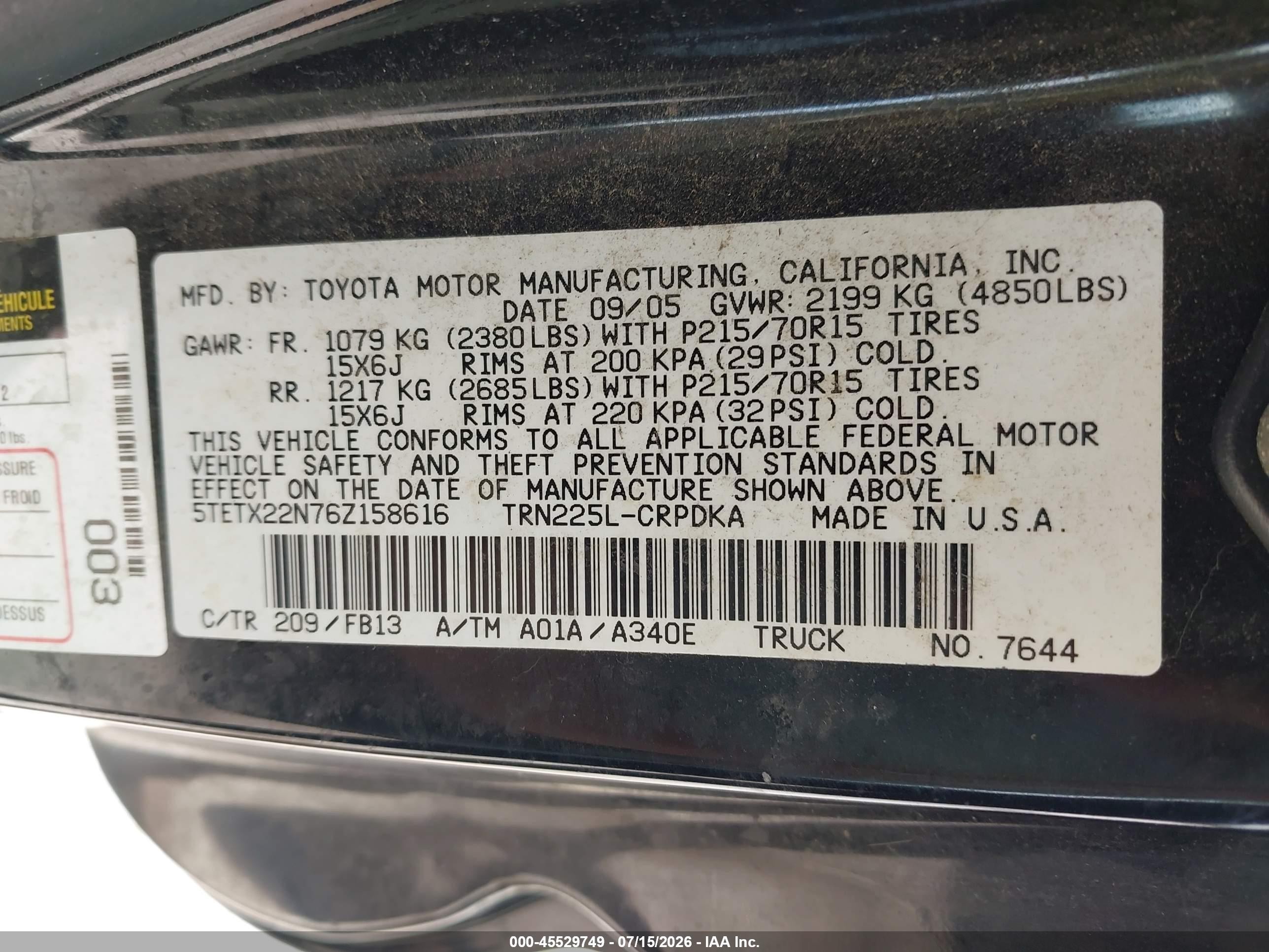 2006 Toyota Tacoma   Black vin: 5TETX22N76Z158616