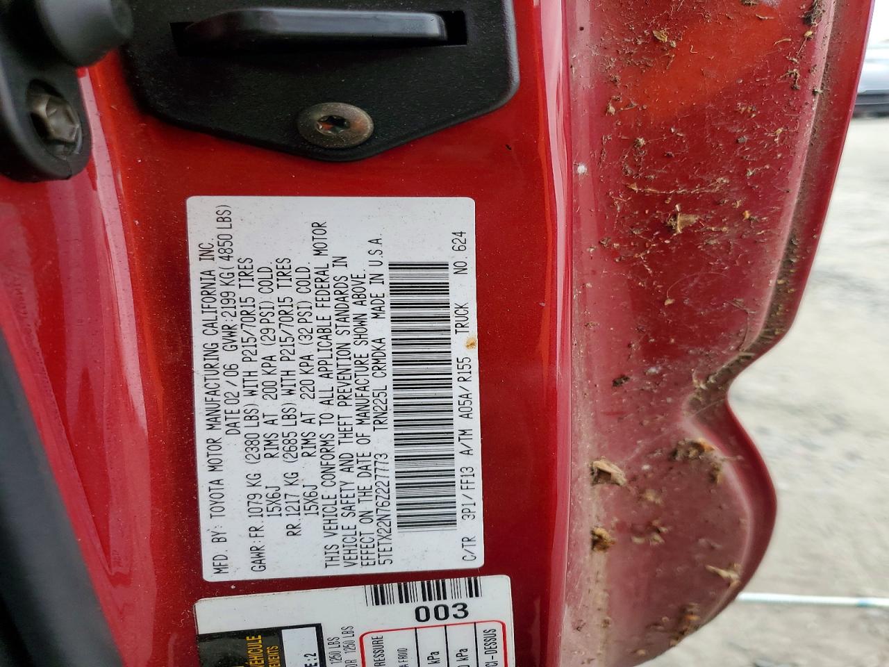 2005 Toyota Tacoma Sr5 Access Ca Red vin: 5TETX22N76Z227773