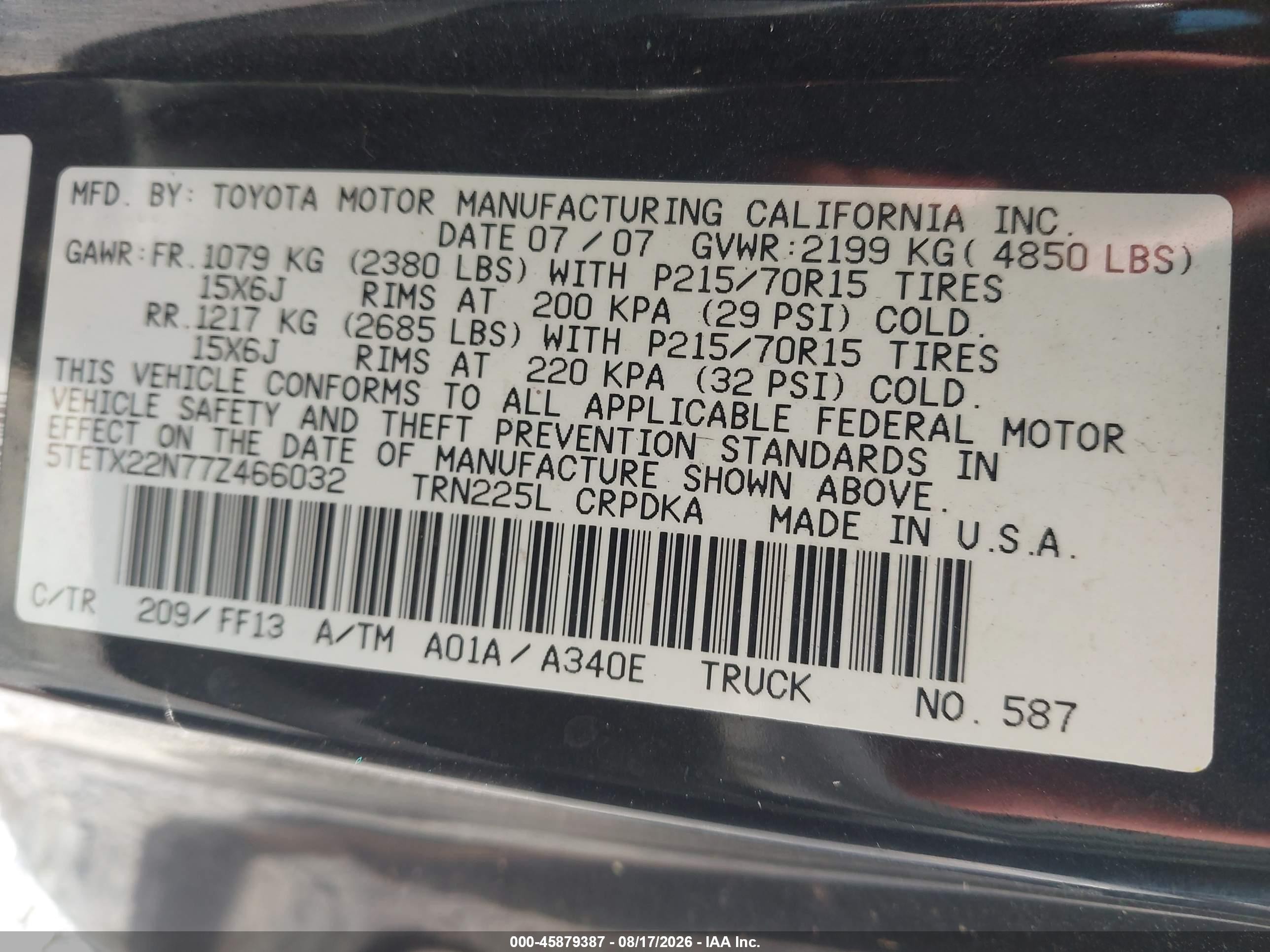 2007 Toyota Tacoma   Black vin: 5TETX22N77Z466032