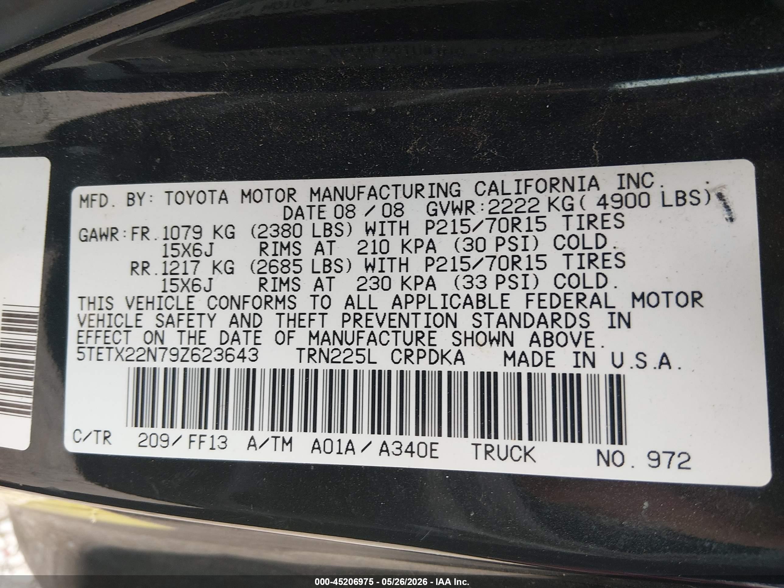 2009 Toyota Tacoma   Black vin: 5TETX22N79Z623643