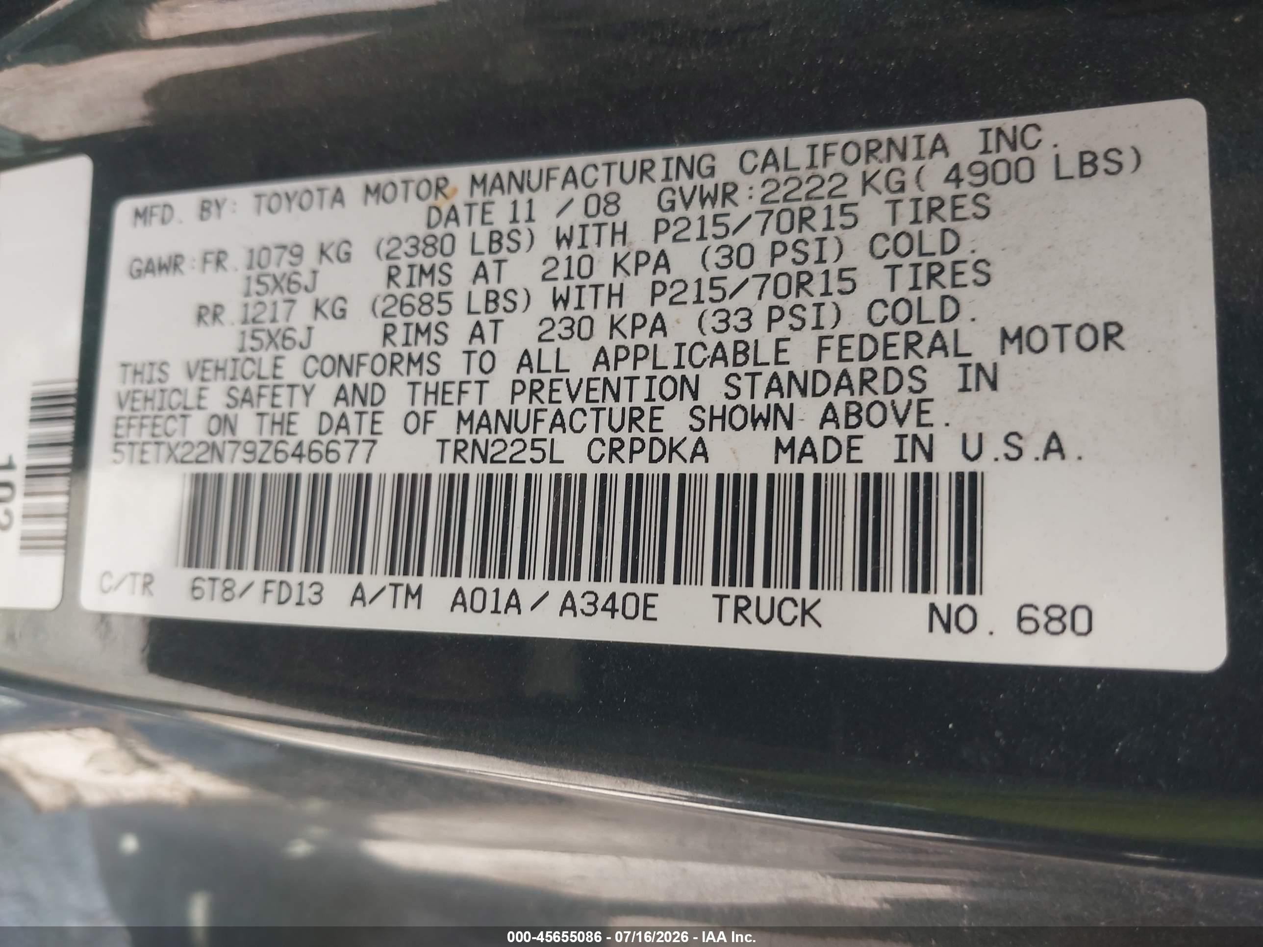 2009 Toyota Tacoma   Green vin: 5TETX22N79Z646677