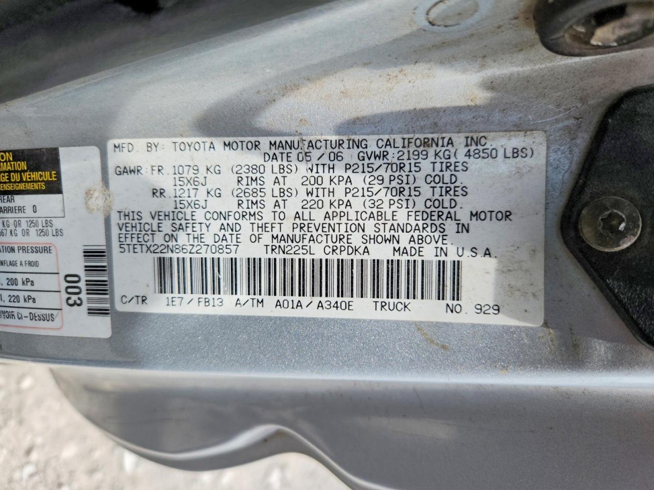 2006 Toyota Tacoma Access Cab Silver vin: 5TETX22N86Z270857