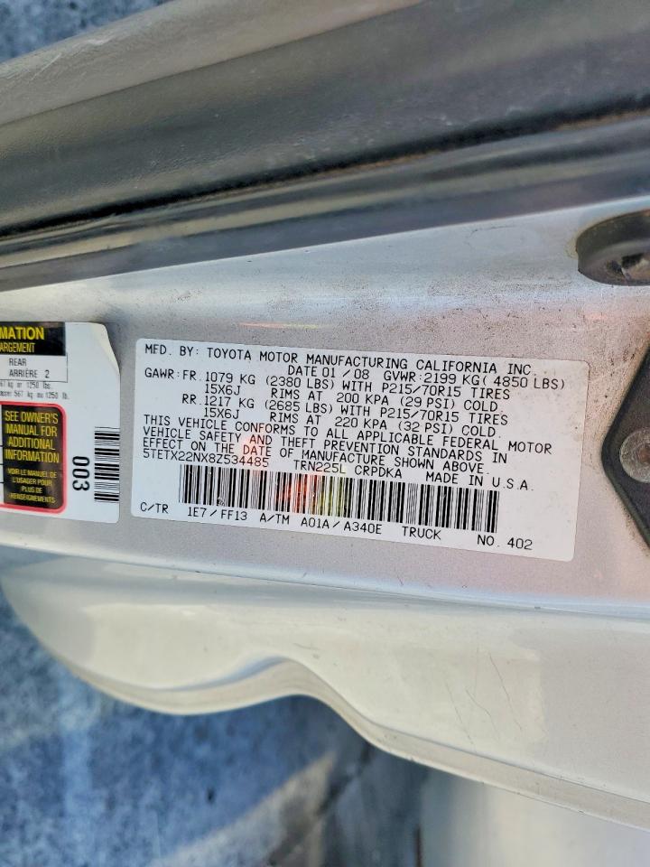 2008 Toyota Tacoma Base Silver vin: 5TETX22NX8Z534485
