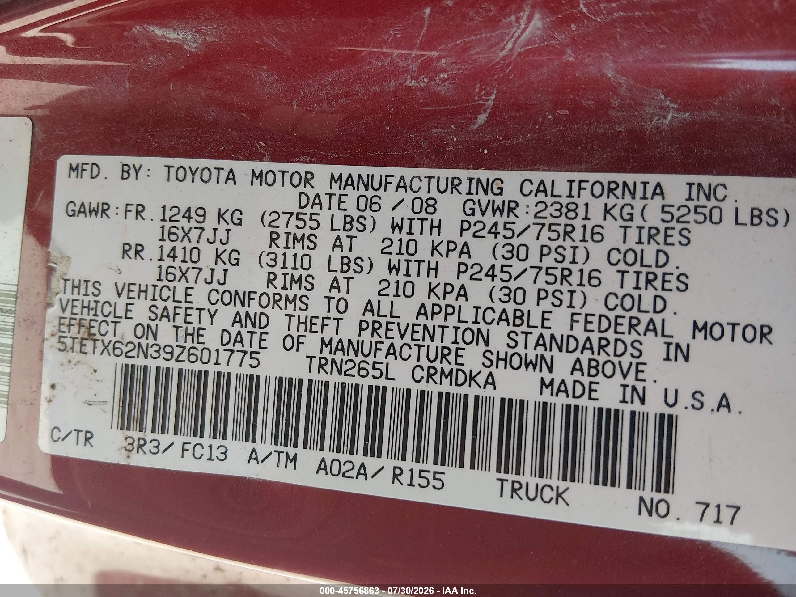 2009 Toyota Tacoma Prerunner Red vin: 5TETX62N39Z601775