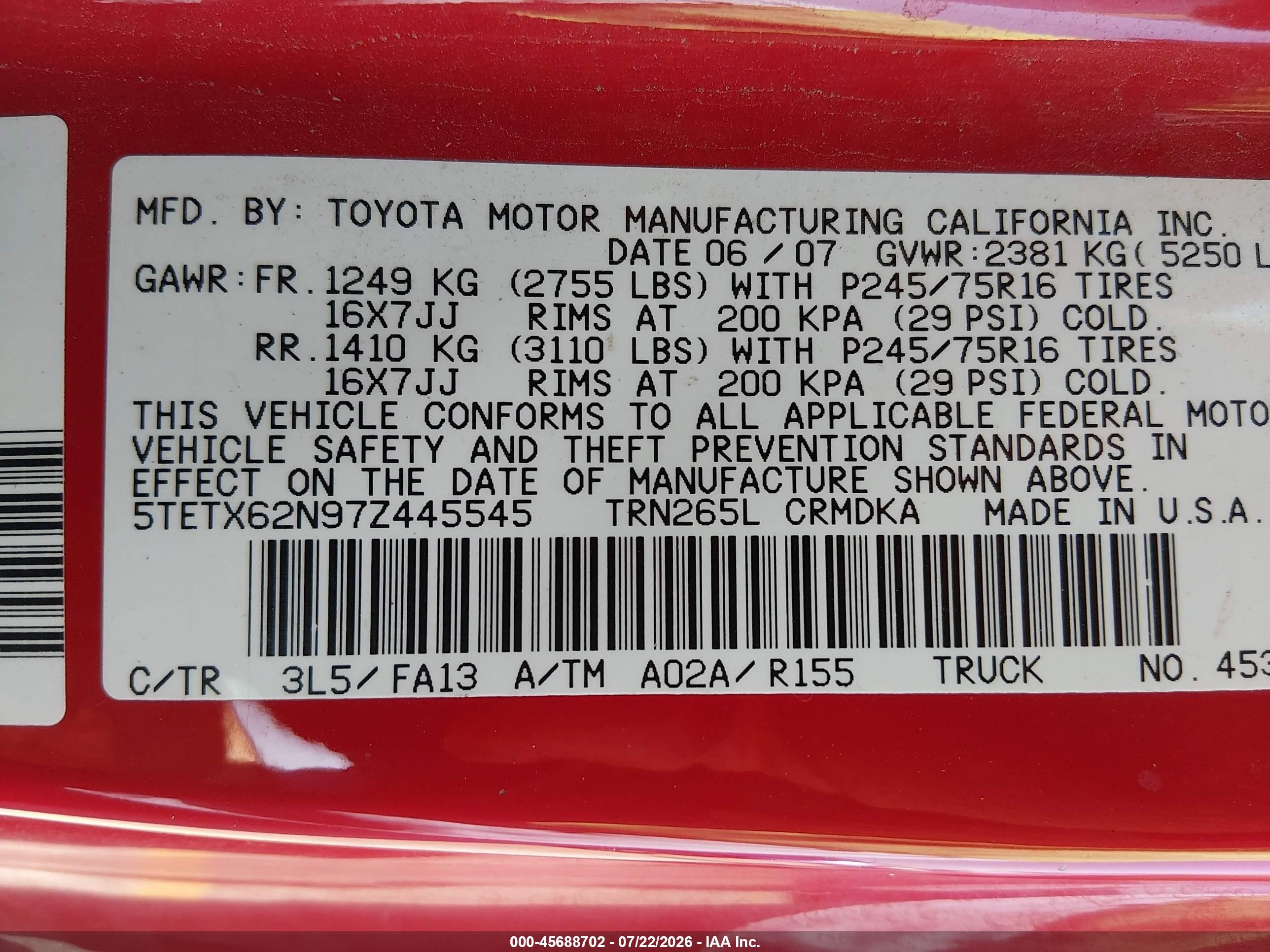 2007 Toyota Tacoma Prerunner Red vin: 5TETX62N97Z445545