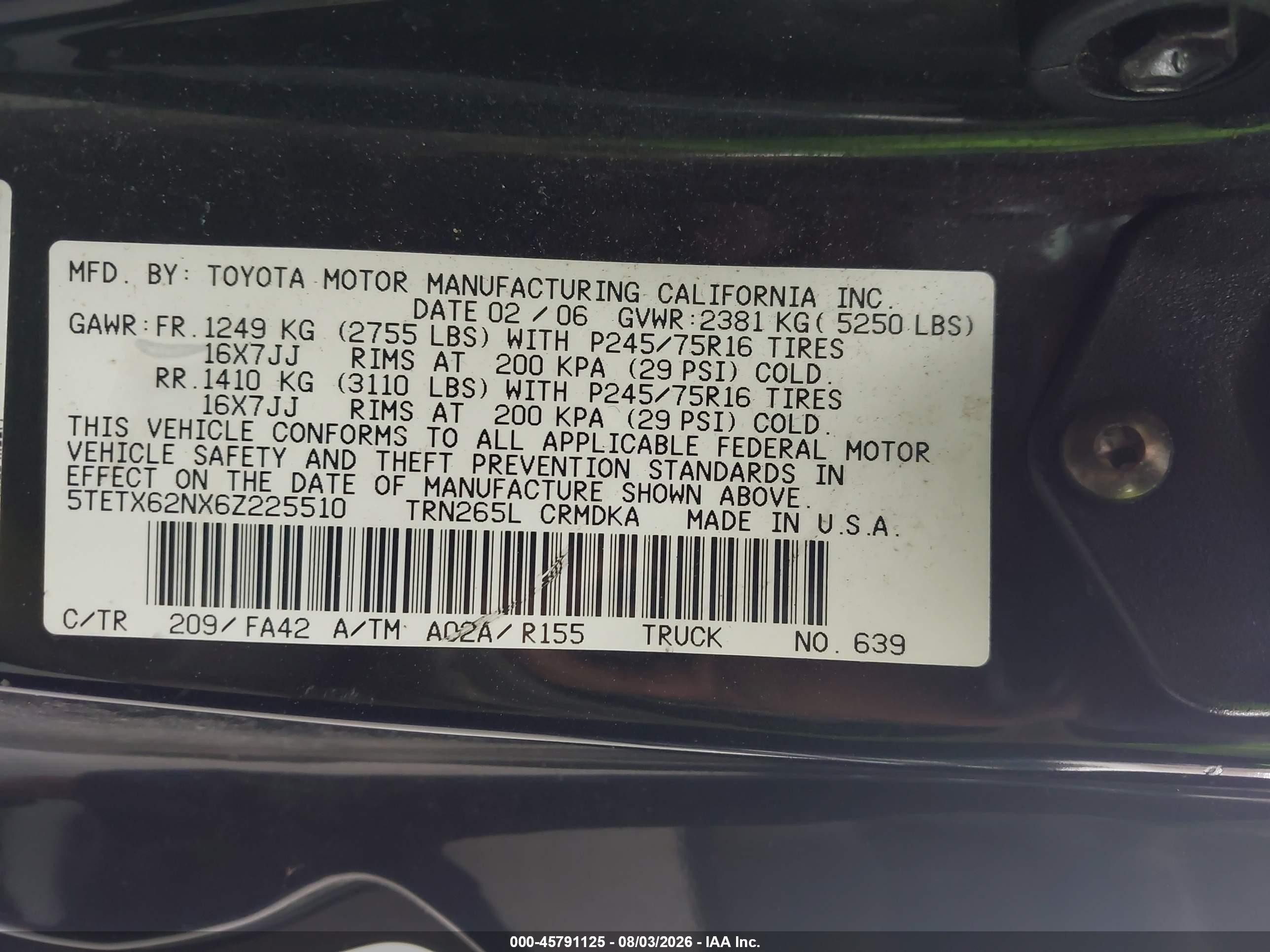 2006 Toyota Tacoma Prerunner Black vin: 5TETX62NX6Z225510