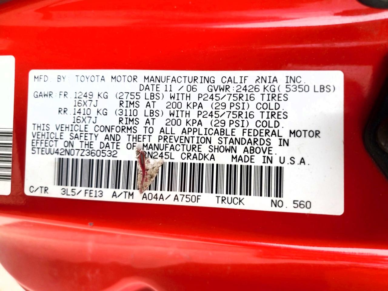 2007 Toyota Tacoma V6 Red vin: 5TEUU42N07Z360532