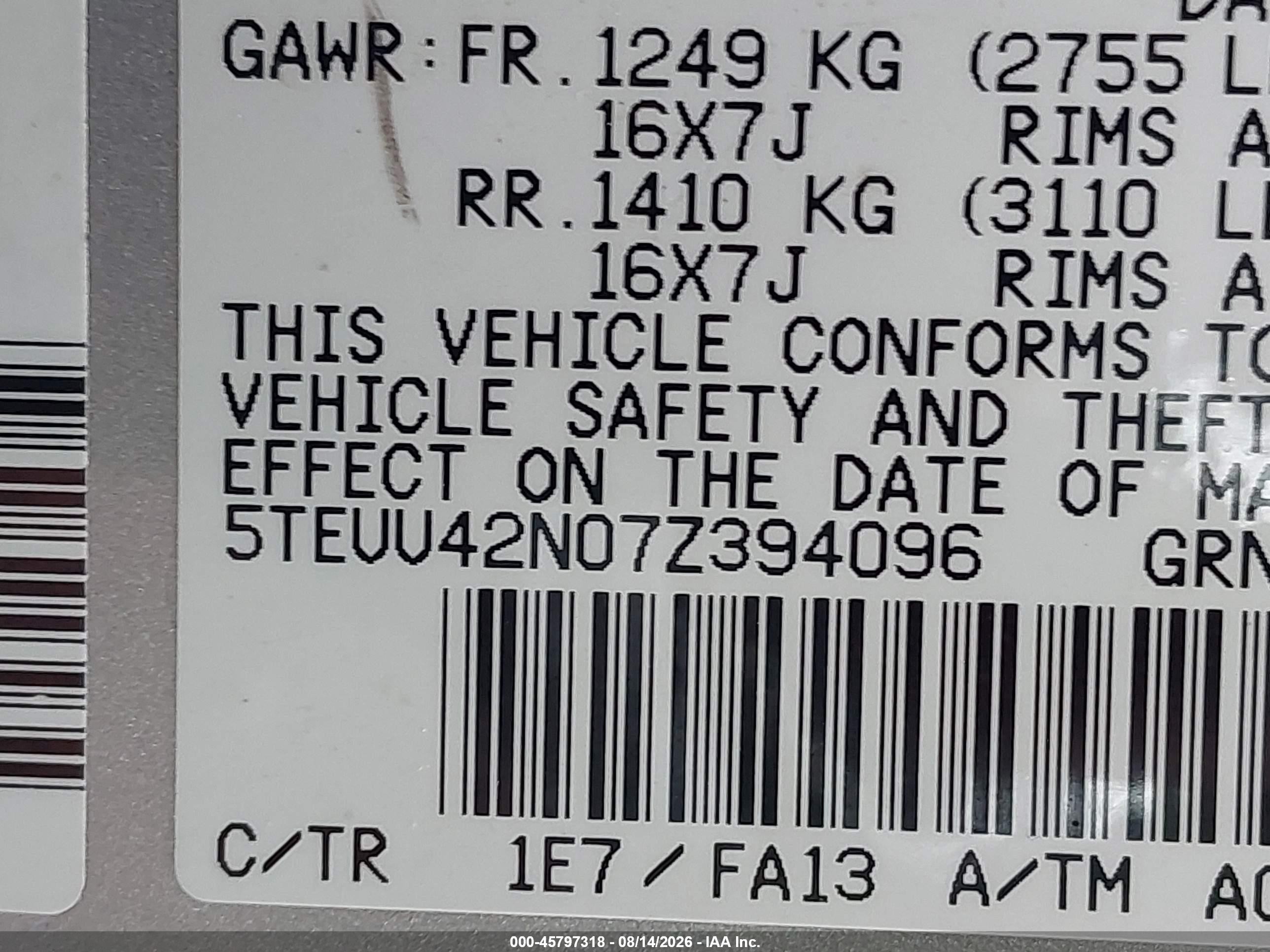 2007 Toyota Tacoma Base V6 Серебряный vin: 5TEUU42N07Z394096