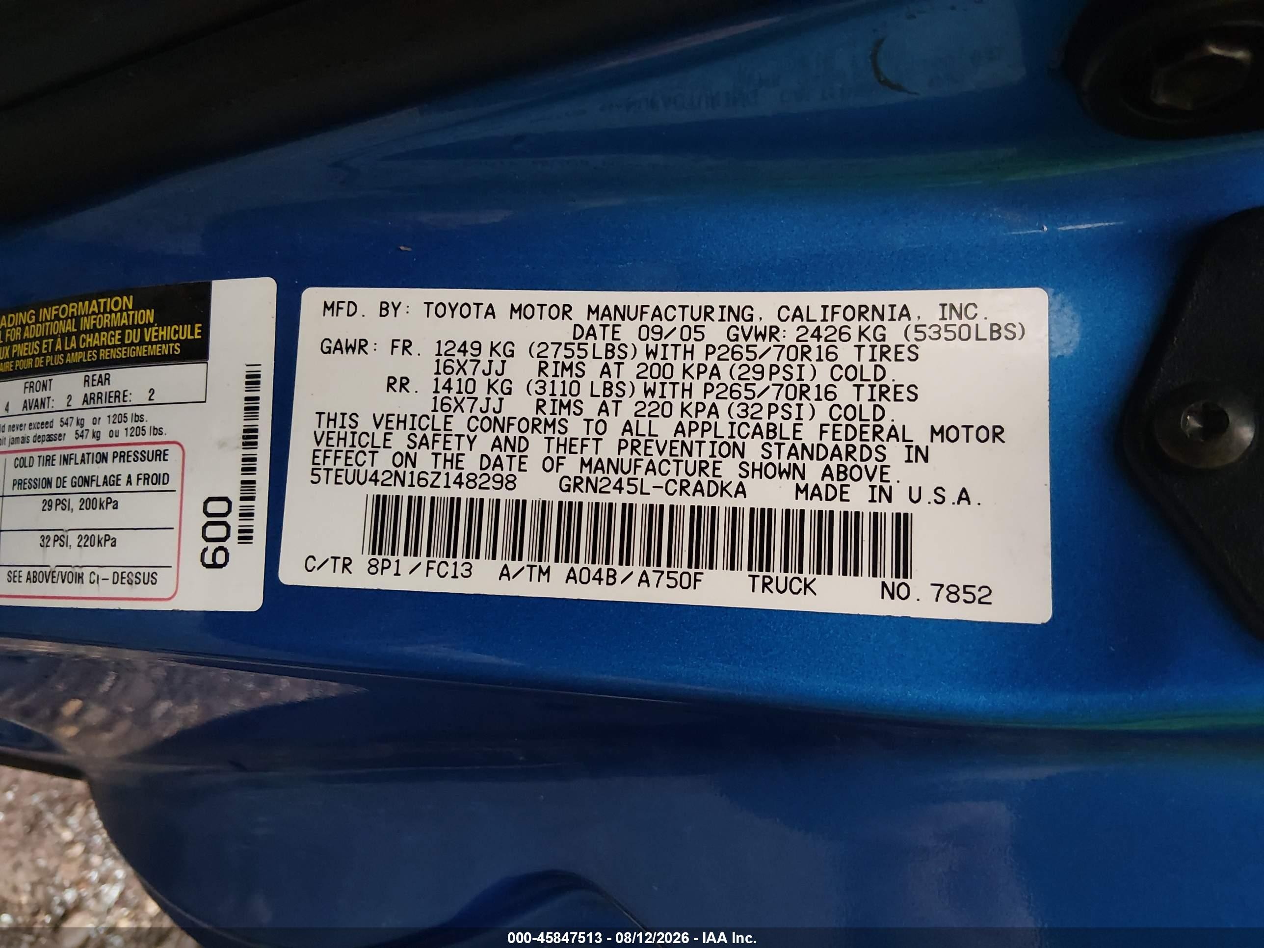 2006 Toyota Tacoma Base V6 Blue vin: 5TEUU42N16Z148298