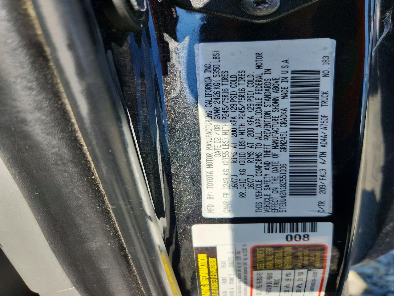 2008 Toyota Tacoma V6 Black vin: 5TEUU42N18Z551006