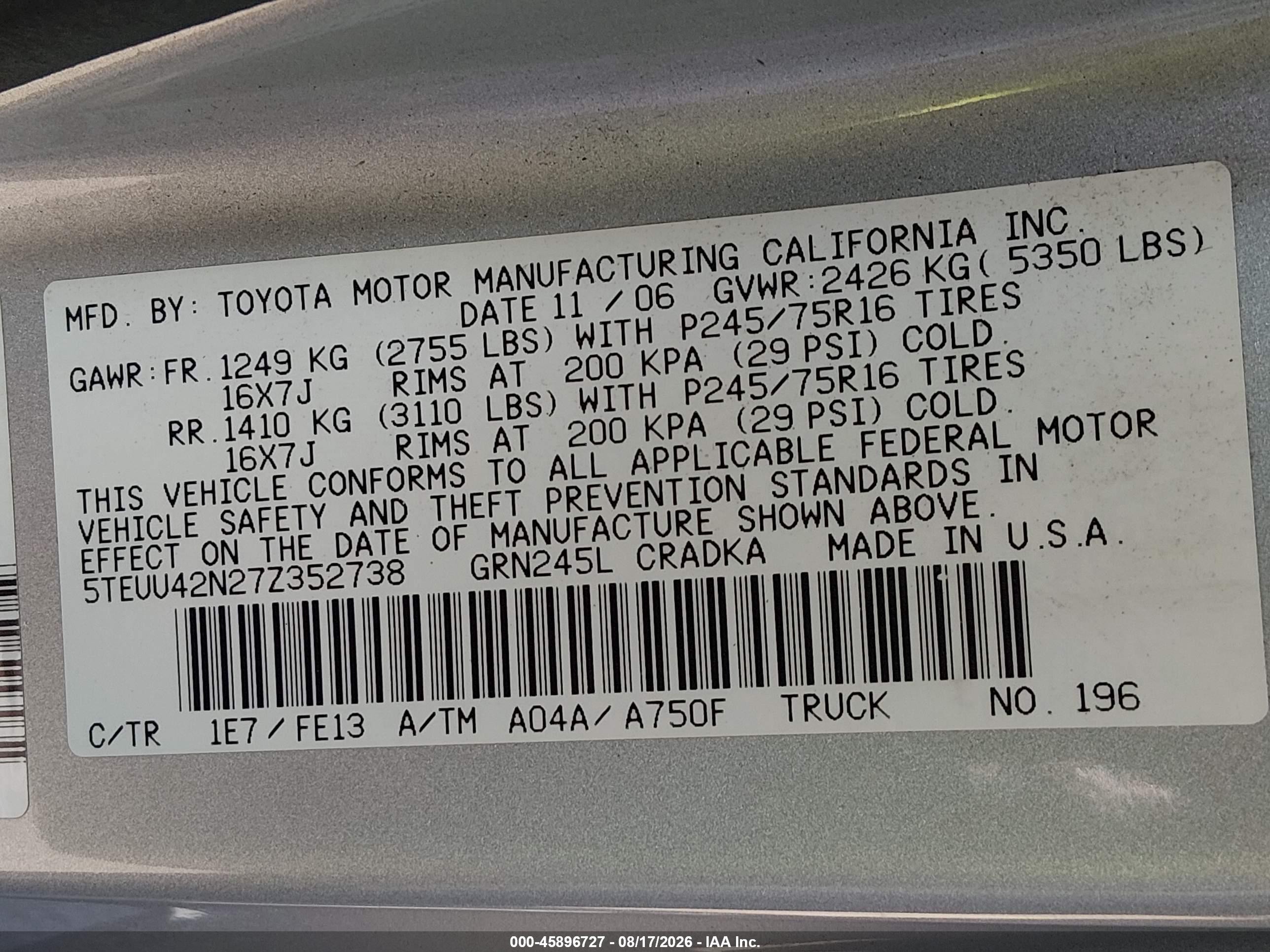 2007 Toyota Tacoma Base V6 Silver vin: 5TEUU42N27Z352738