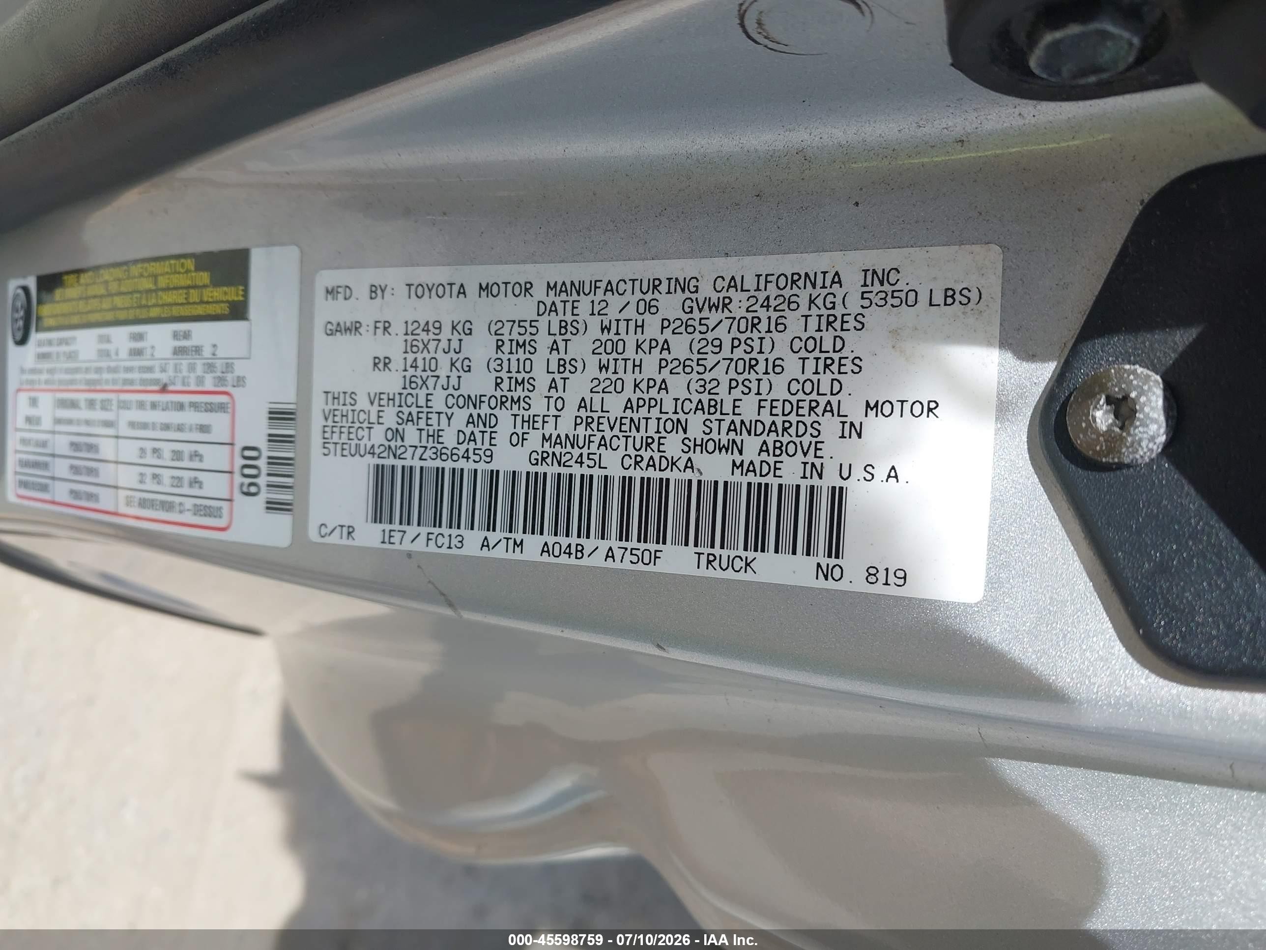 2007 Toyota Tacoma Base V6 Silver vin: 5TEUU42N27Z366459